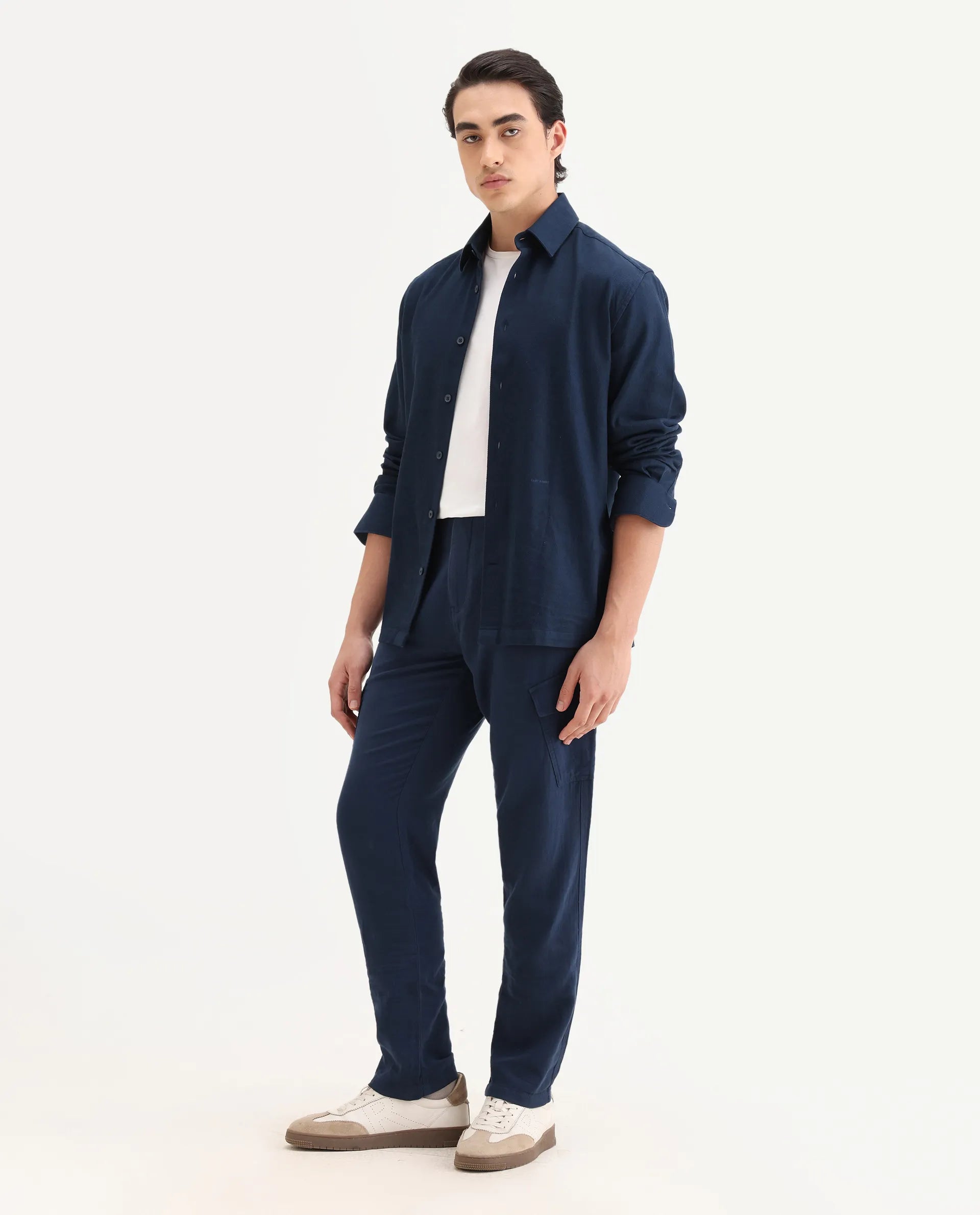 Rare Rabbit Men's Presso-25 Dusky Blue Cotton Blend Plain Relaxed Fit Trouser