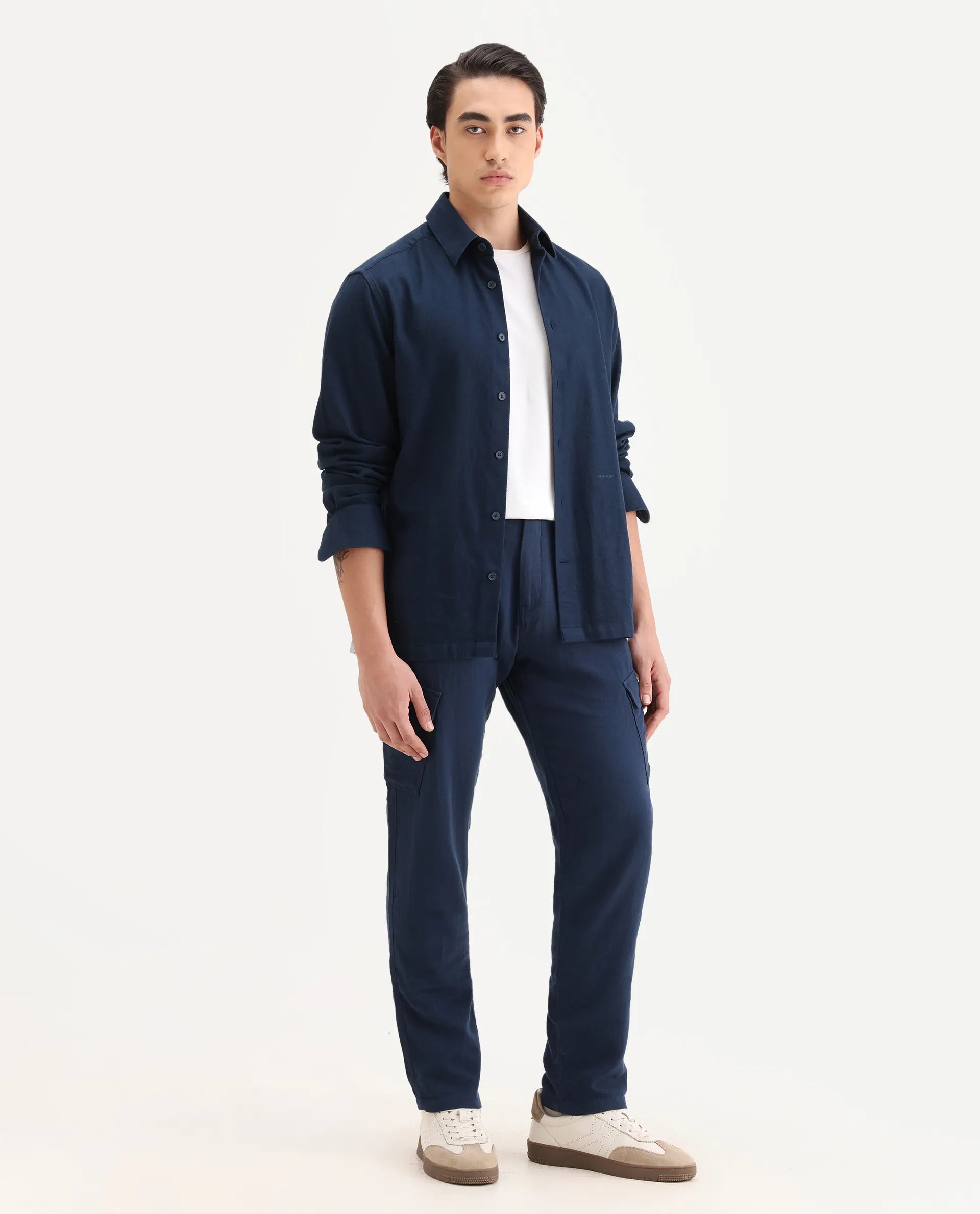 Rare Rabbit Men's Presso-25 Dusky Blue Cotton Blend Plain Relaxed Fit Trouser