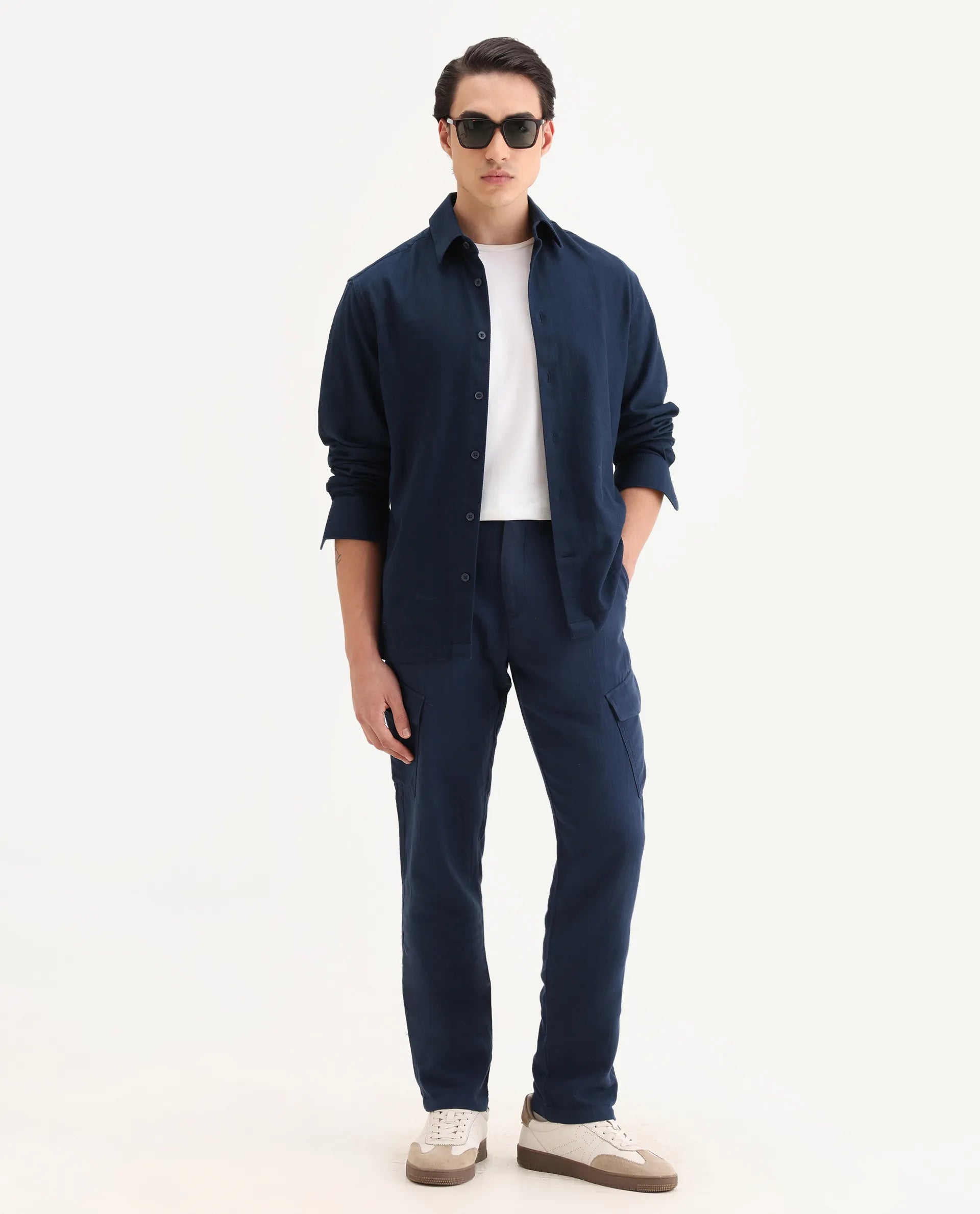 Rare Rabbit Men's Presso-25 Dusky Blue Cotton Blend Plain Relaxed Fit Trouser