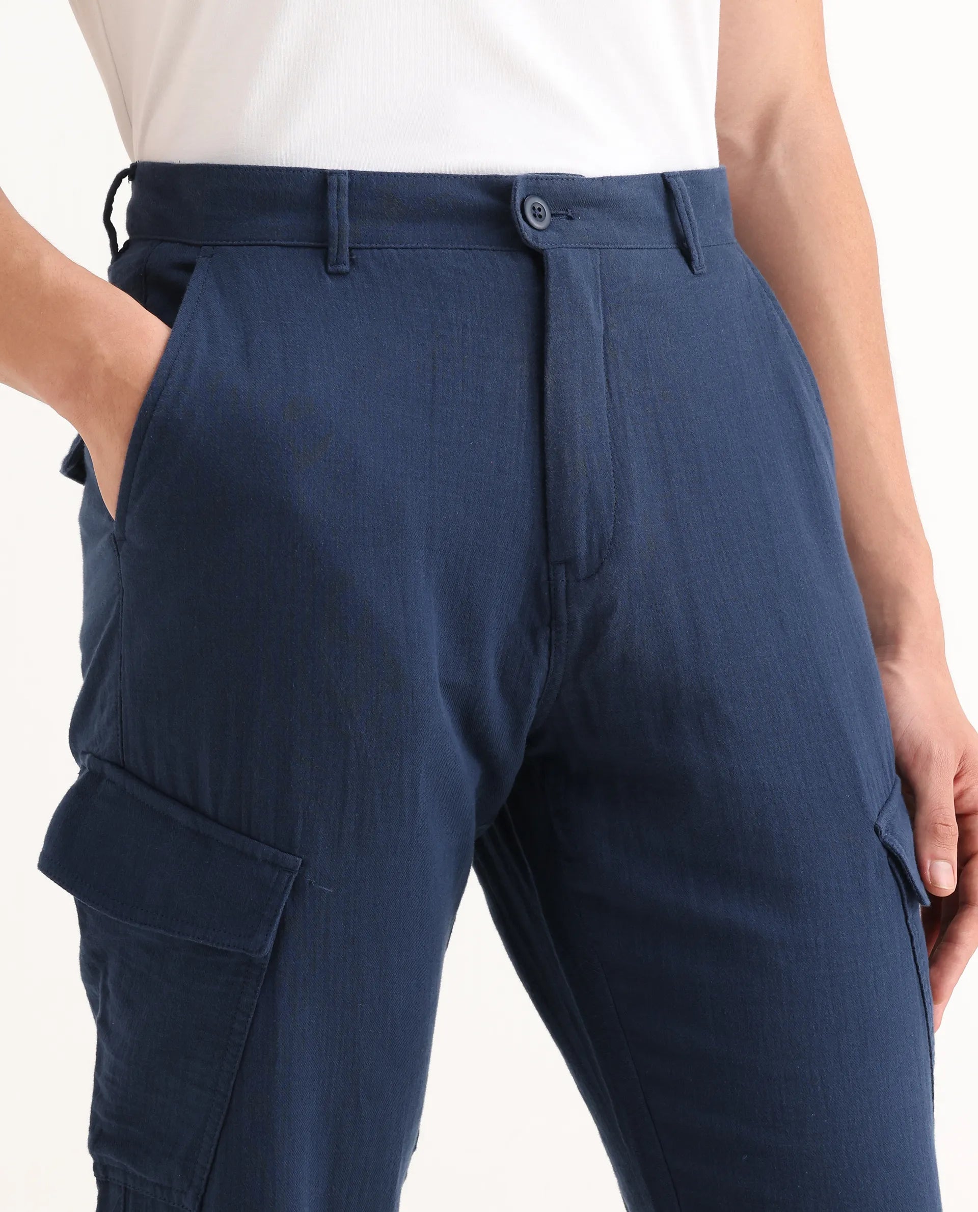 Rare Rabbit Men's Presso-25 Dusky Blue Cotton Blend Plain Relaxed Fit Trouser