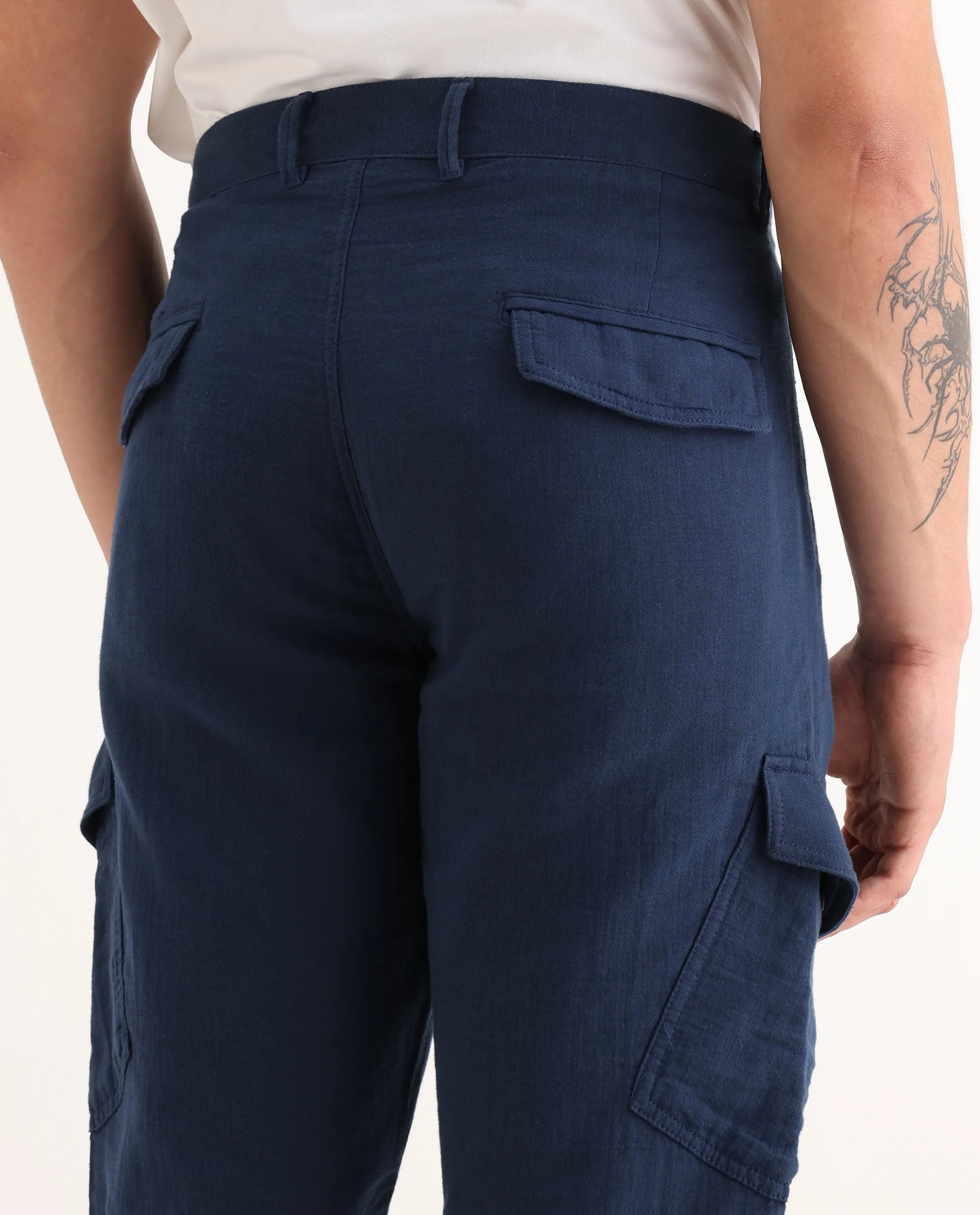 Rare Rabbit Men's Presso-25 Dusky Blue Cotton Blend Plain Relaxed Fit Trouser