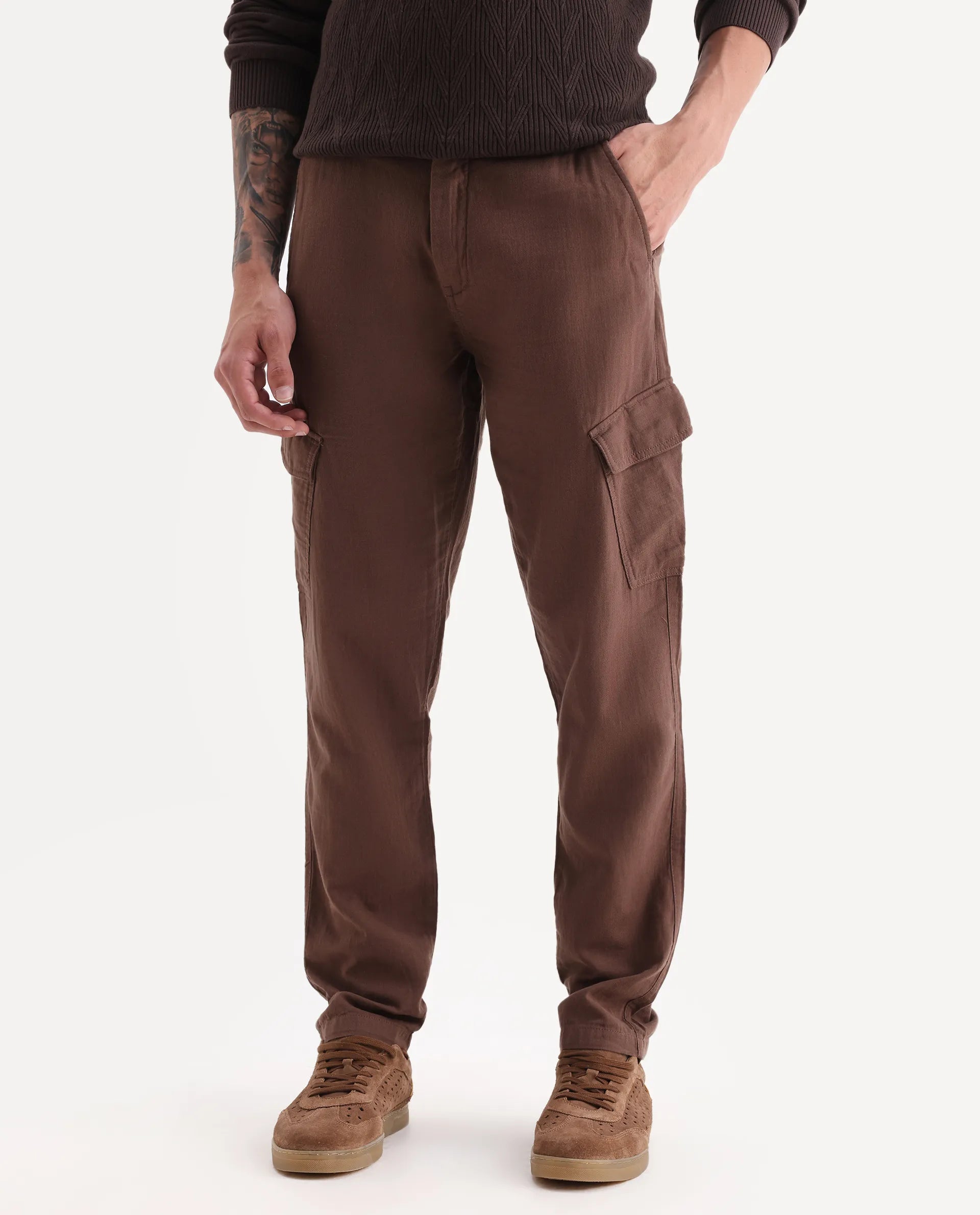 Rare Rabbit Men's Presso 25 Dusky Brown Cotton Blend Plain Relaxed Fit Trouser