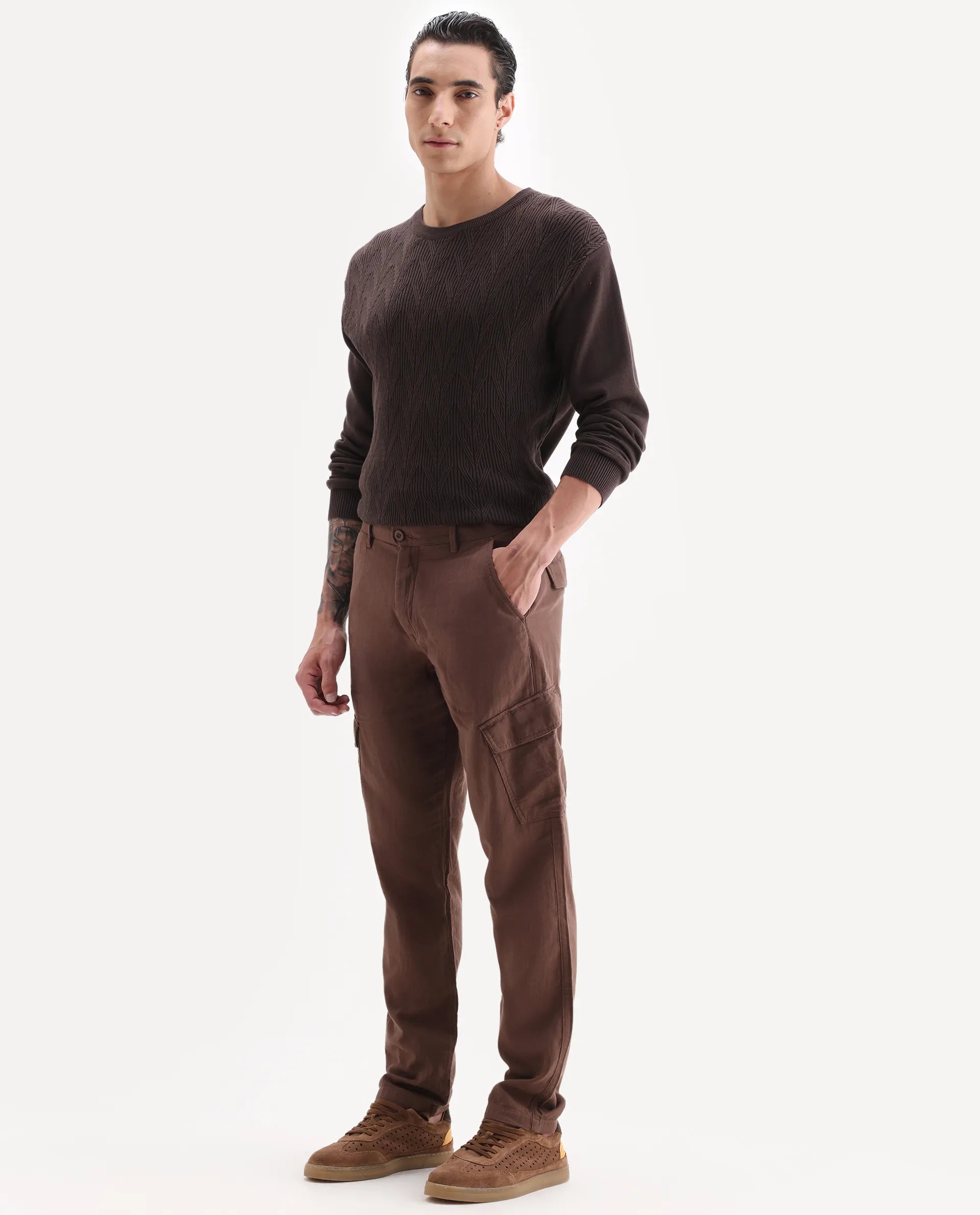 Rare Rabbit Men's Presso 25 Dusky Brown Cotton Blend Plain Relaxed Fit Trouser