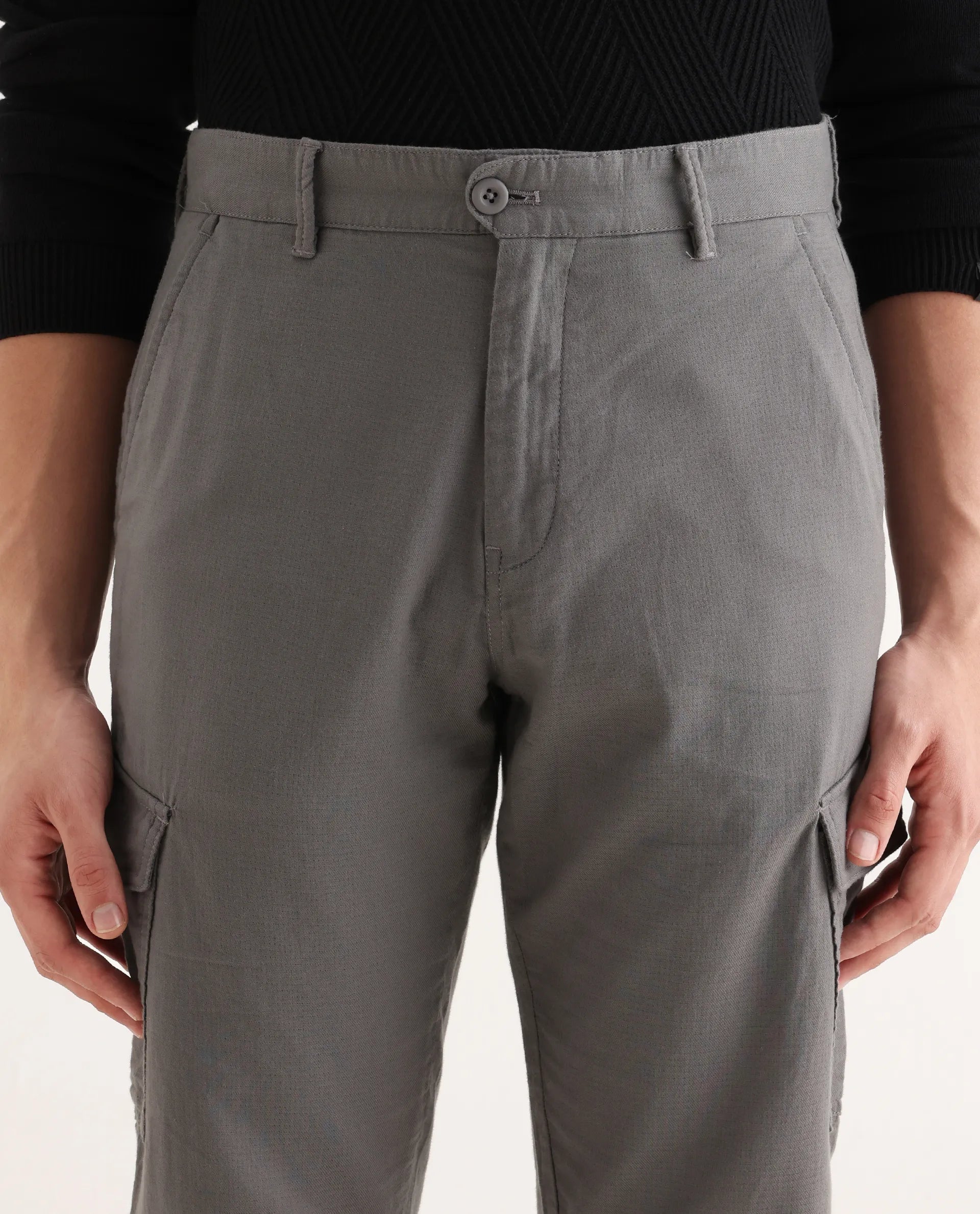 Rare Rabbit Men's Presso-Aw25 Light Grey Cotton Plain Regular Fit Trouser