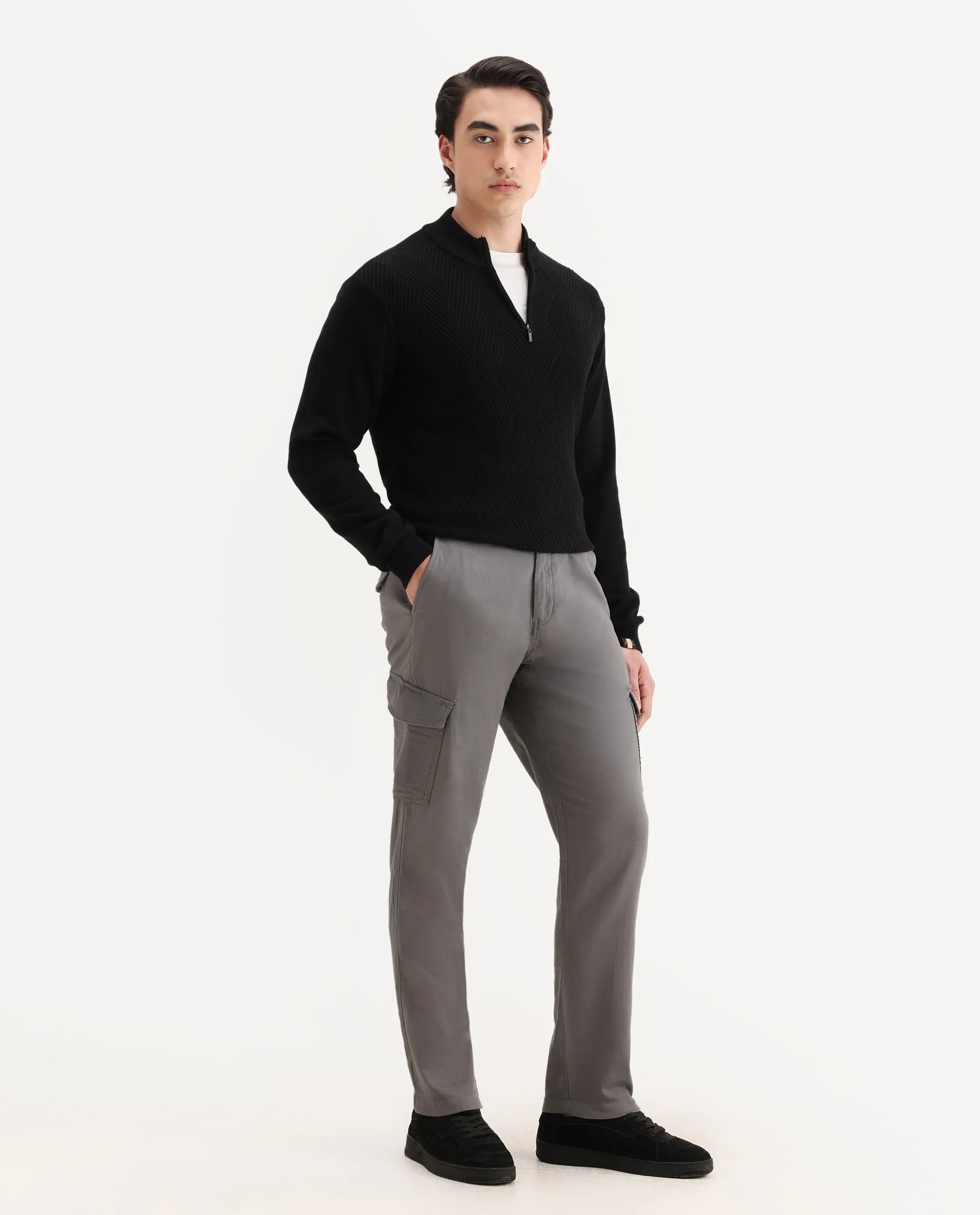 Rare Rabbit Men's Presso-Aw25 Light Grey Cotton Plain Regular Fit Trouser