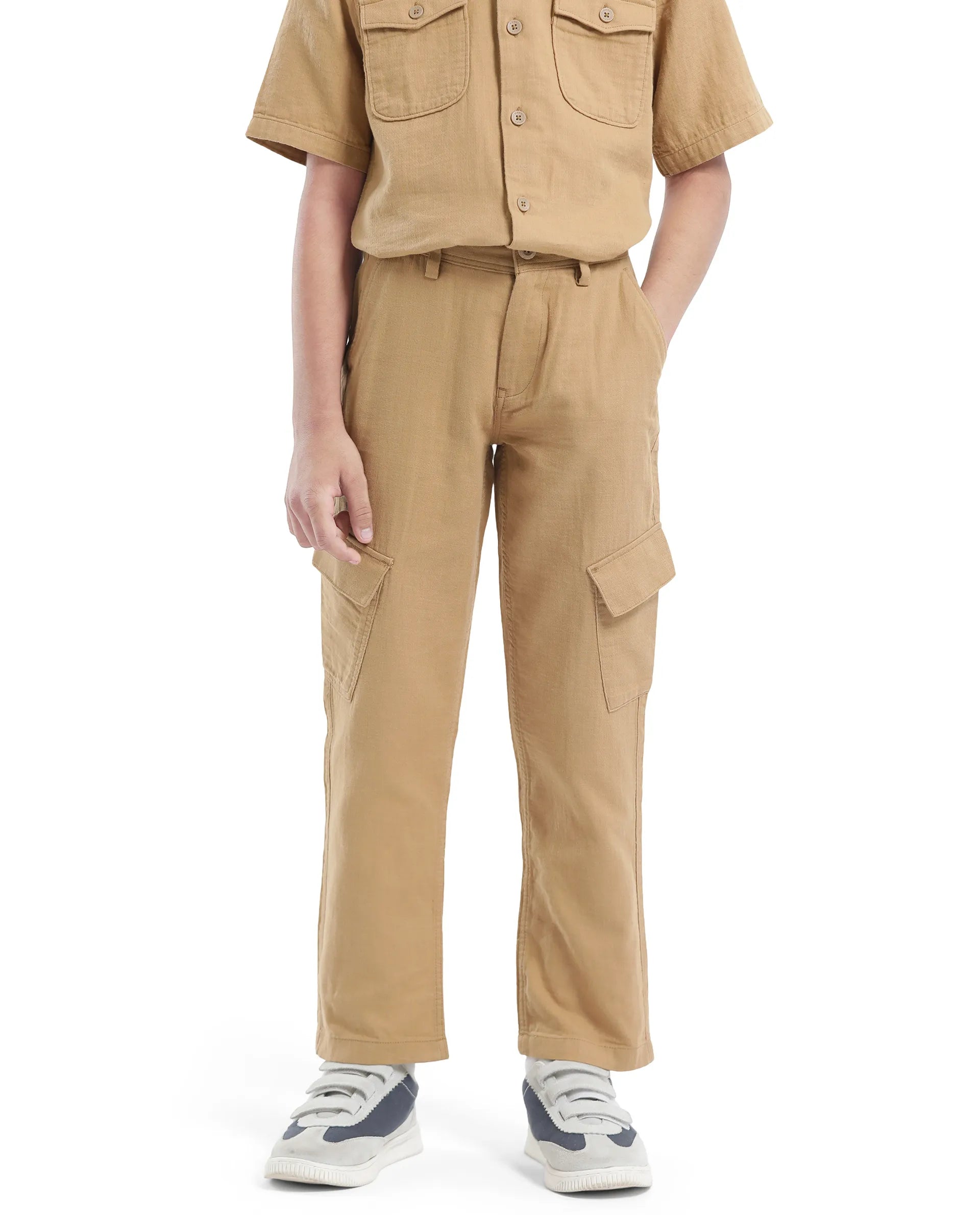 Rare Ones Kids Presso-K Tan Cotton Button & Zip Closure Regular Fit Casual Trouser