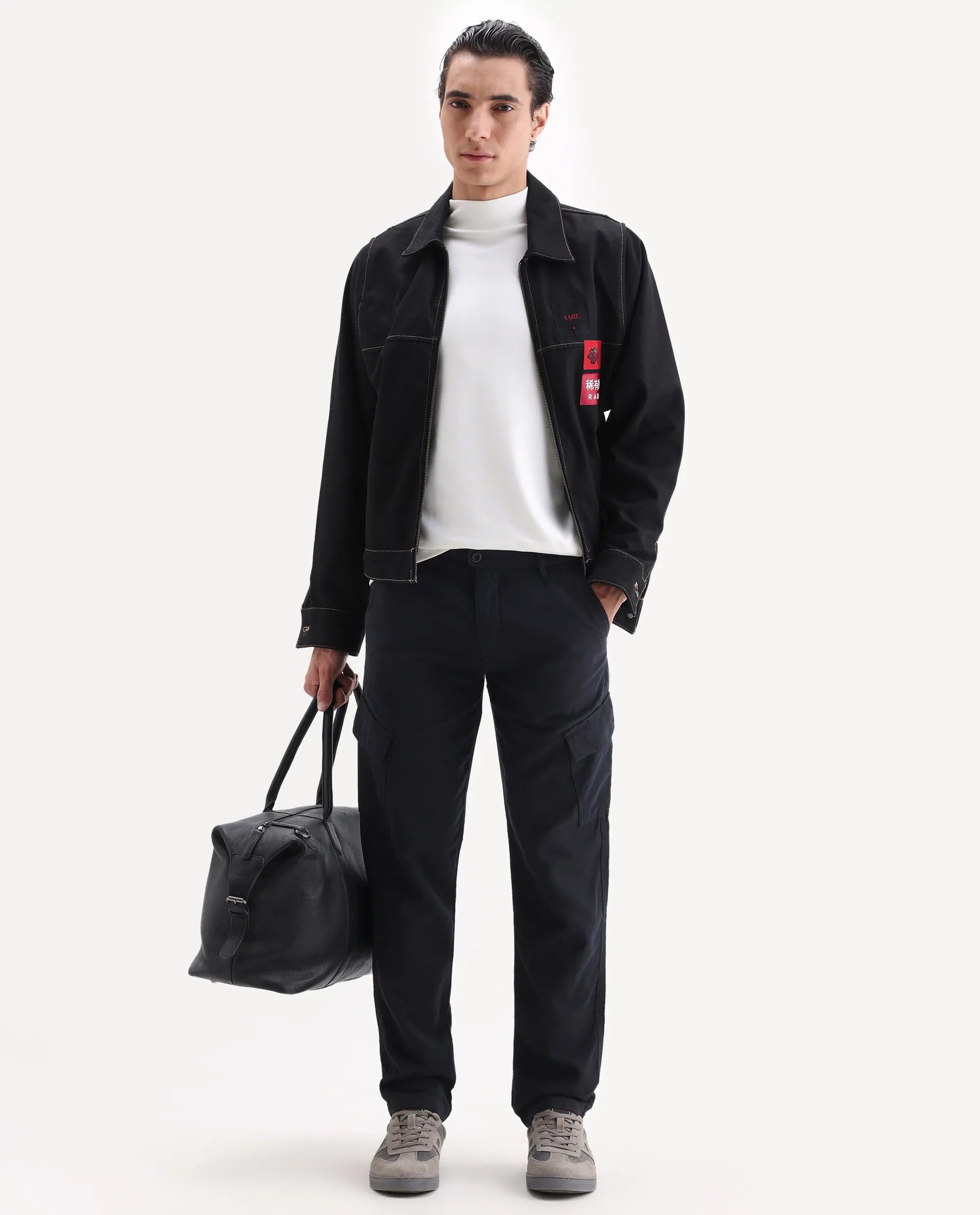 Rare Rabbit Men's Presso 25 Black Cotton Blend Plain Relaxed Fit Trouser