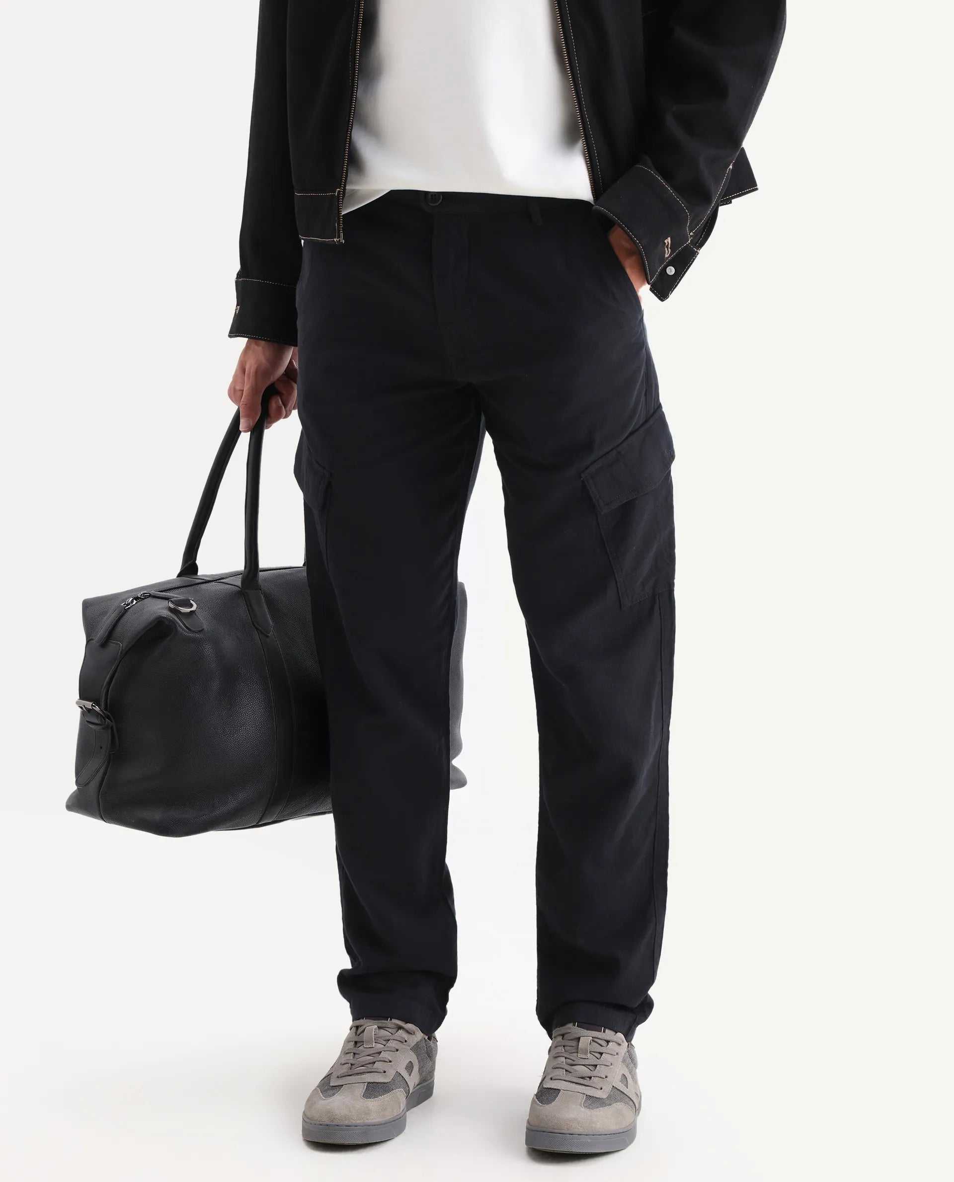 Rare Rabbit Men's Presso 25 Black Cotton Blend Plain Relaxed Fit Trouser