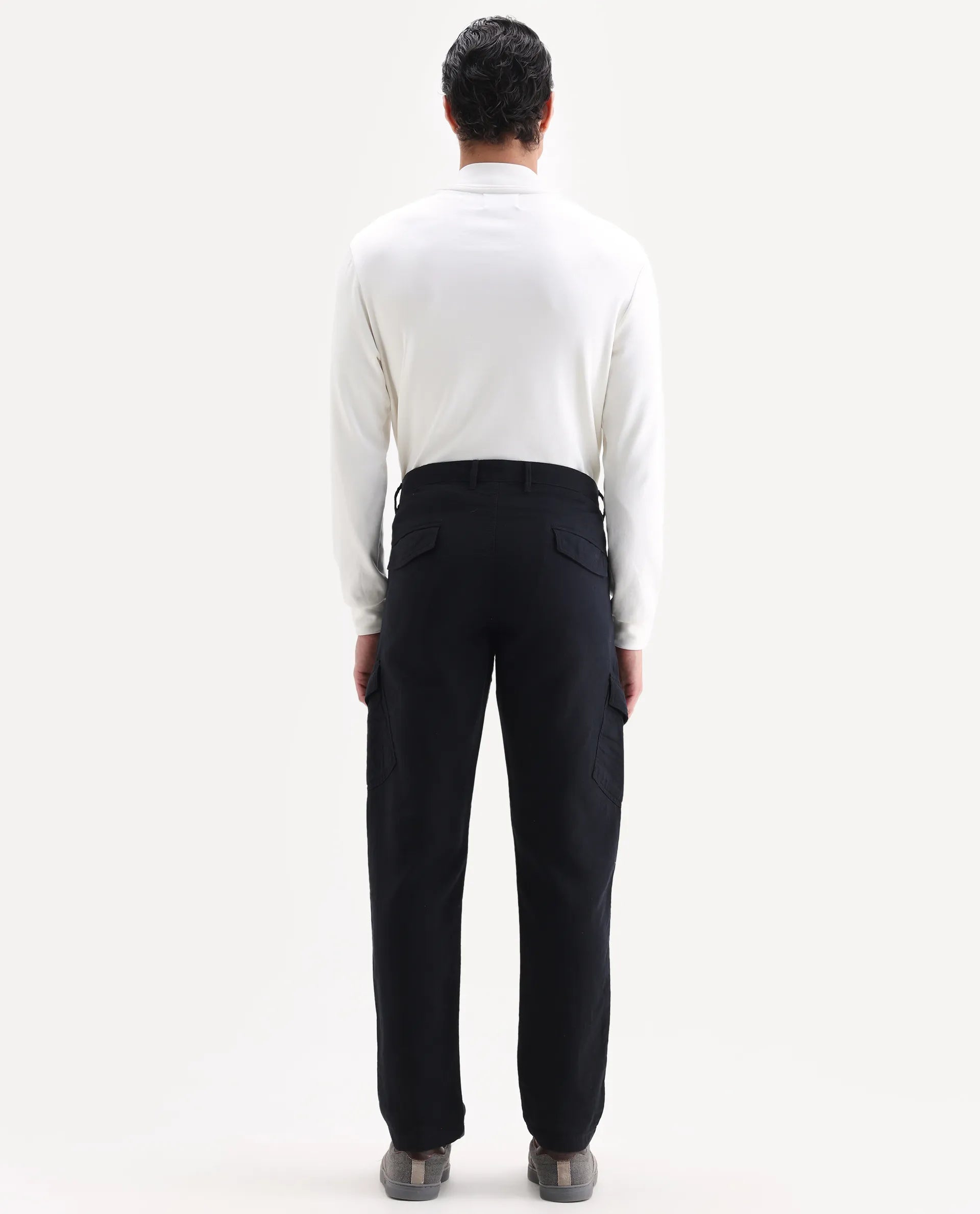 Rare Rabbit Men's Presso 25 Black Cotton Blend Plain Relaxed Fit Trouser