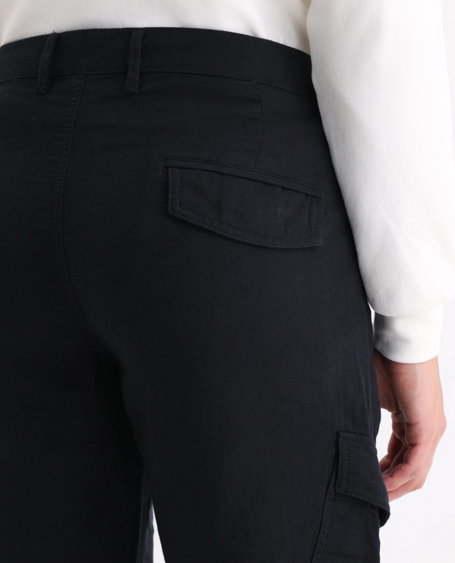 Rare Rabbit Men's Presso 25 Black Cotton Blend Plain Relaxed Fit Trouser