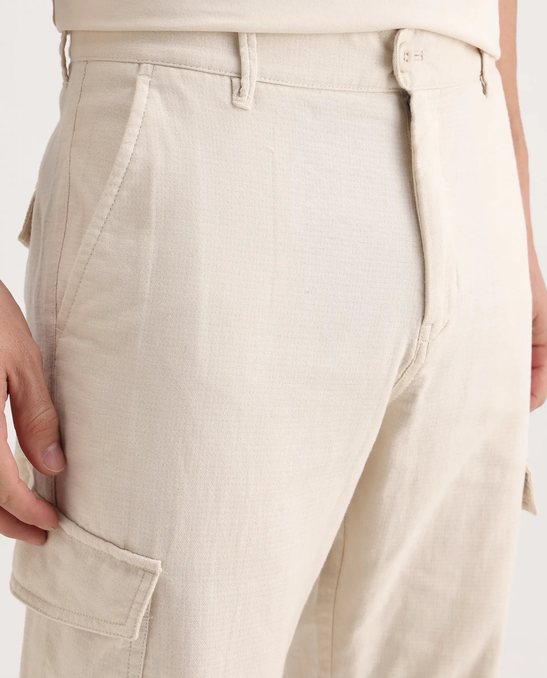 Rare Rabbit Men's Presso-Aw25 Off White Cotton Plain Regular Fit Trouser