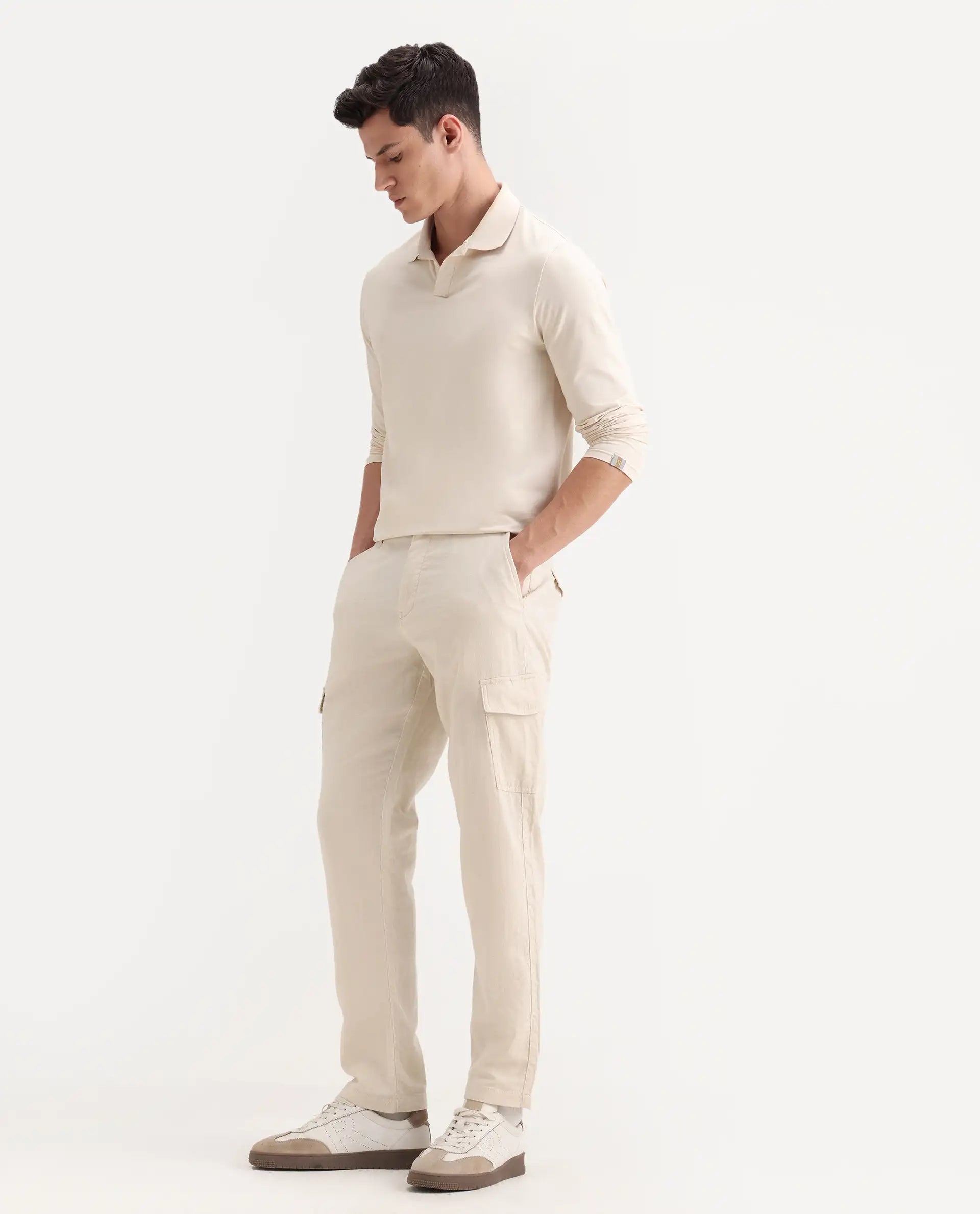 Rare Rabbit Men's Presso-Aw25 Off White Cotton Plain Regular Fit Trouser