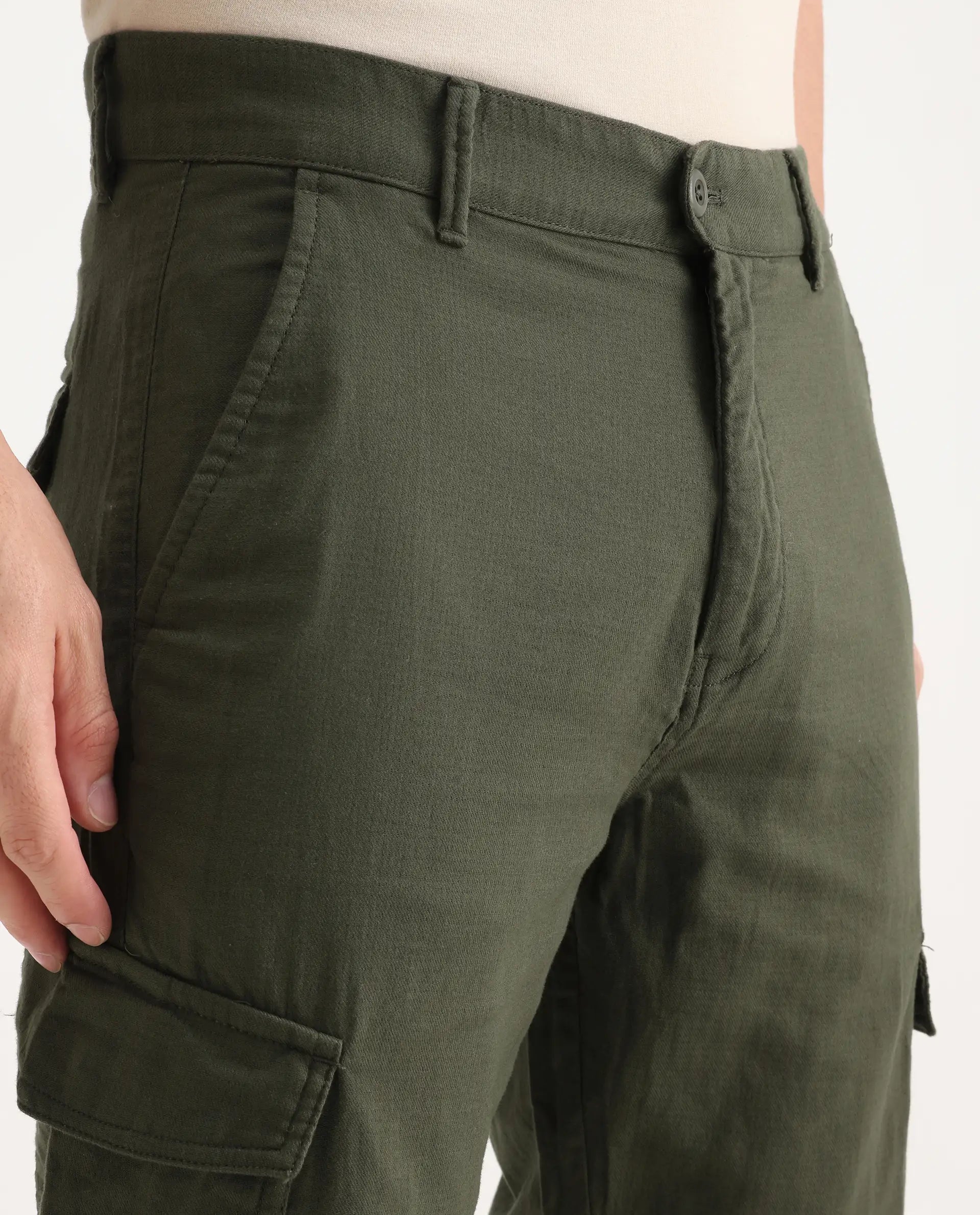 Rare Rabbit Men's Presso-Aw25 Olive Cotton Plain Regular Fit Trouser