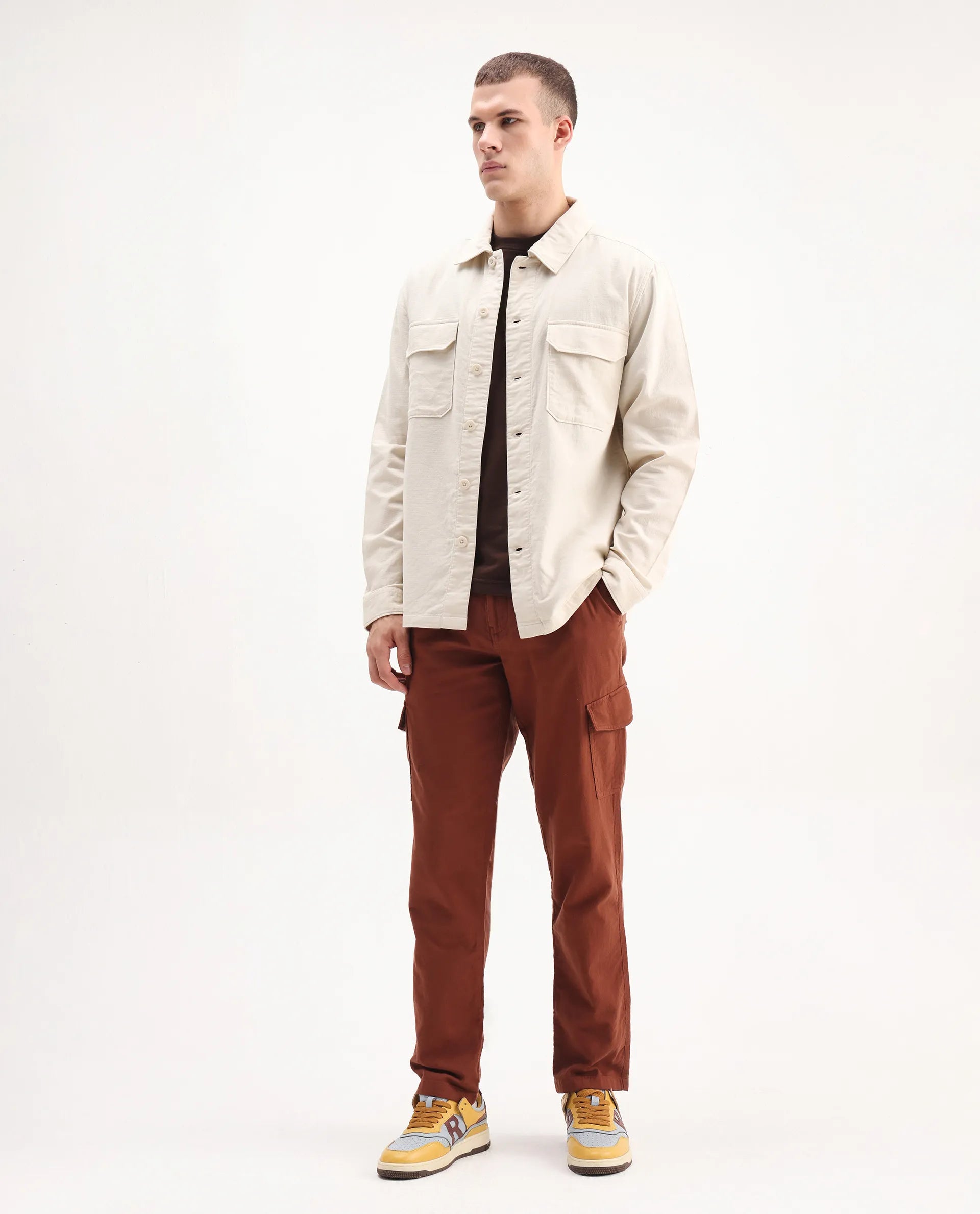 Rare Rabbit Men's Presso-Aw25 Rust Cotton Plain Regular Fit Trouser