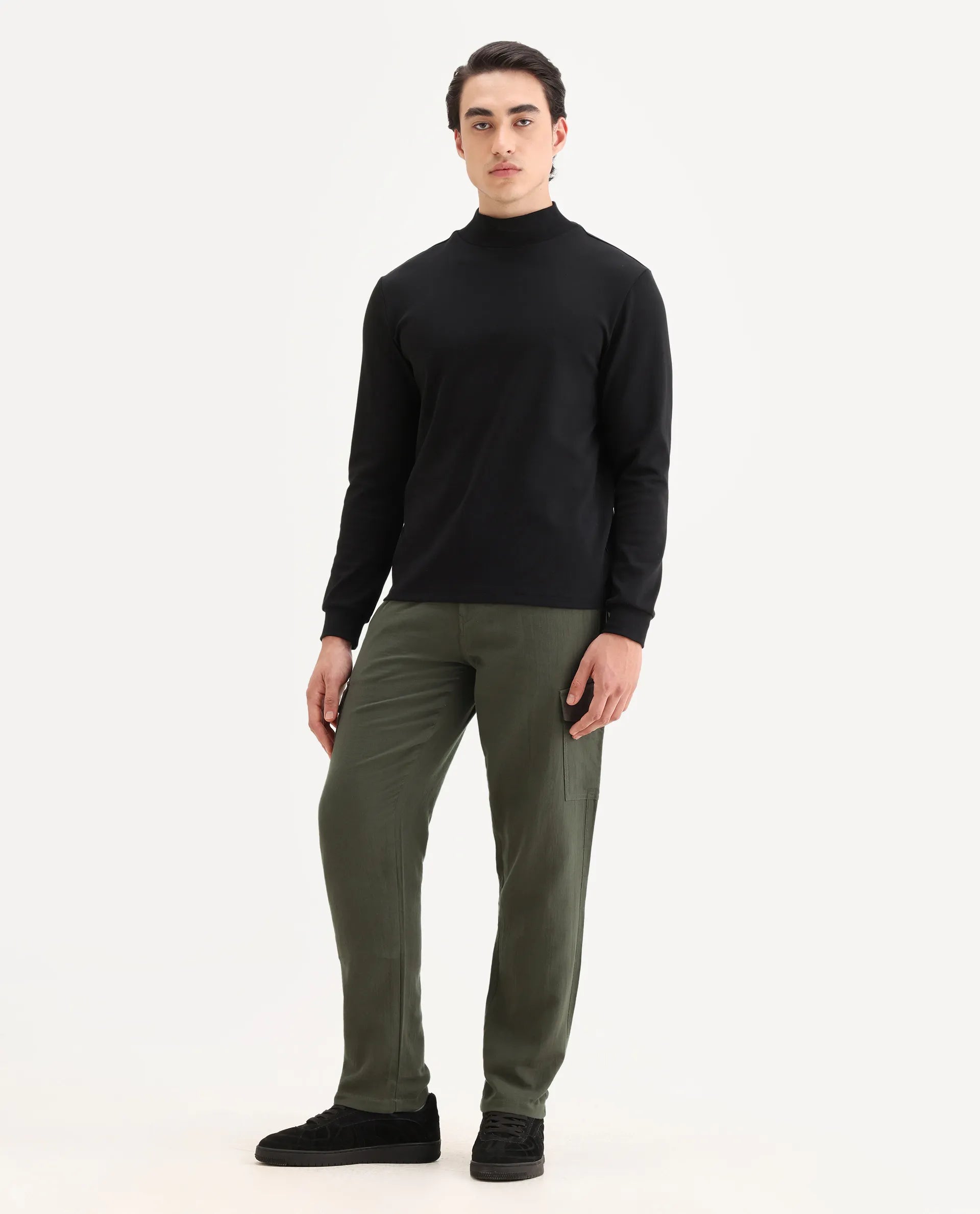 Rare Rabbit Men's Presso Dusky Green Cotton Plain Relaxed Fit Trouser