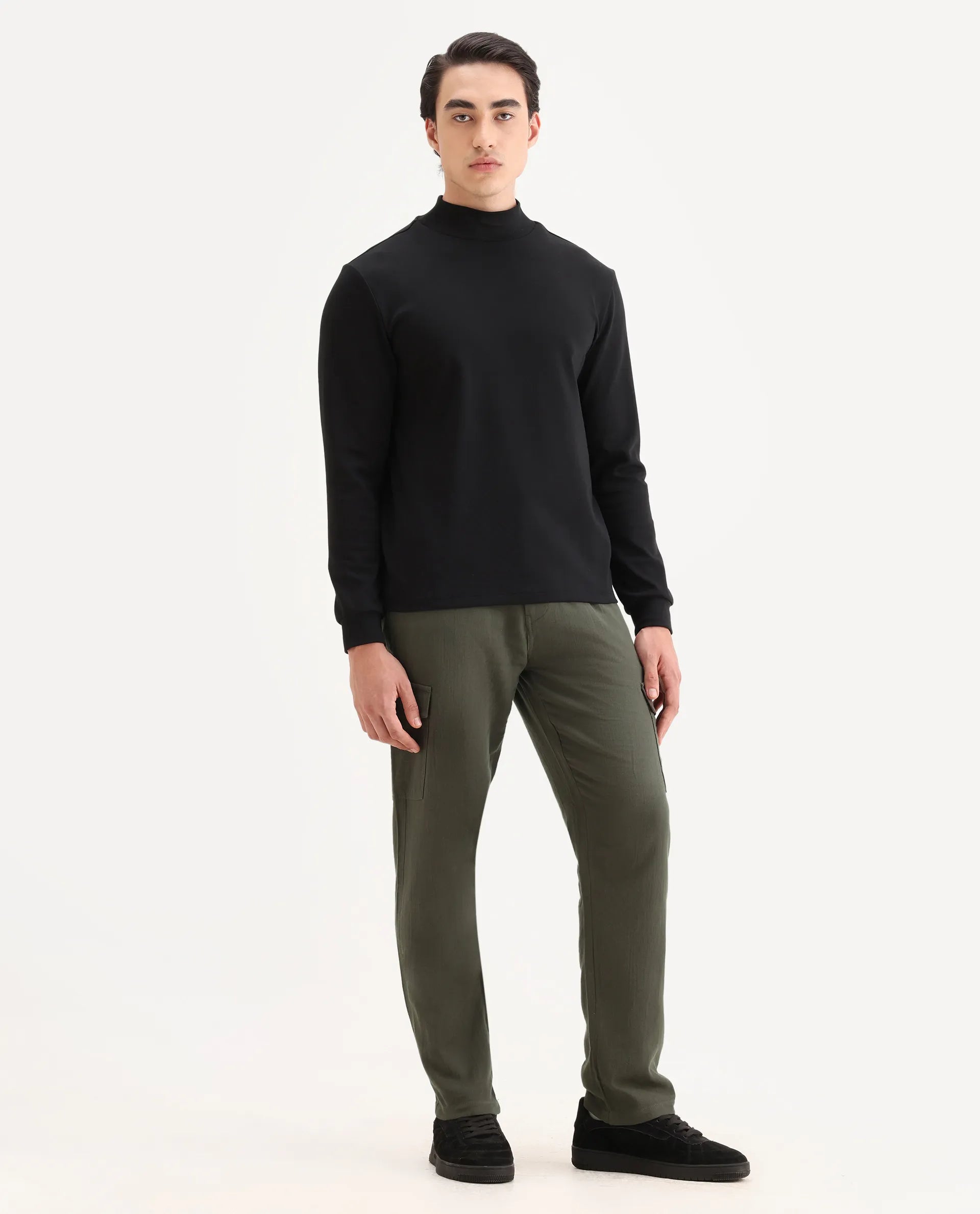 Rare Rabbit Men's Presso Dusky Green Cotton Plain Relaxed Fit Trouser