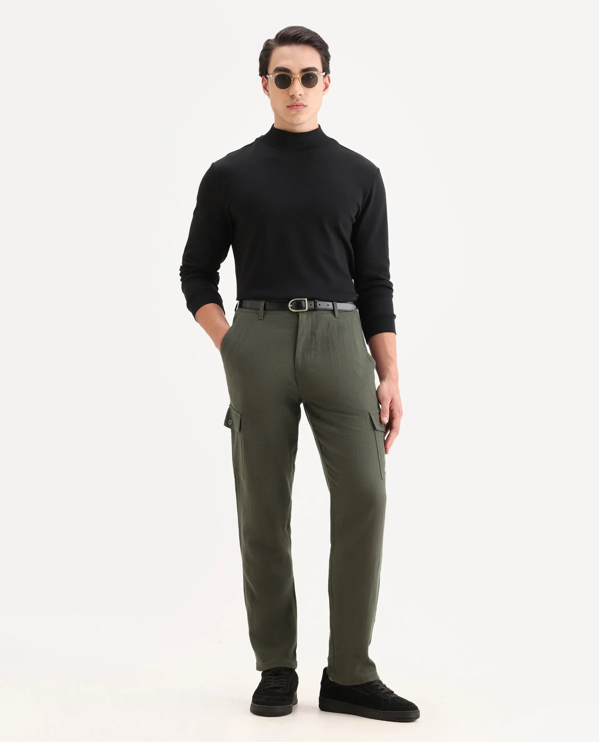 Rare Rabbit Men's Presso Dusky Green Cotton Plain Relaxed Fit Trouser
