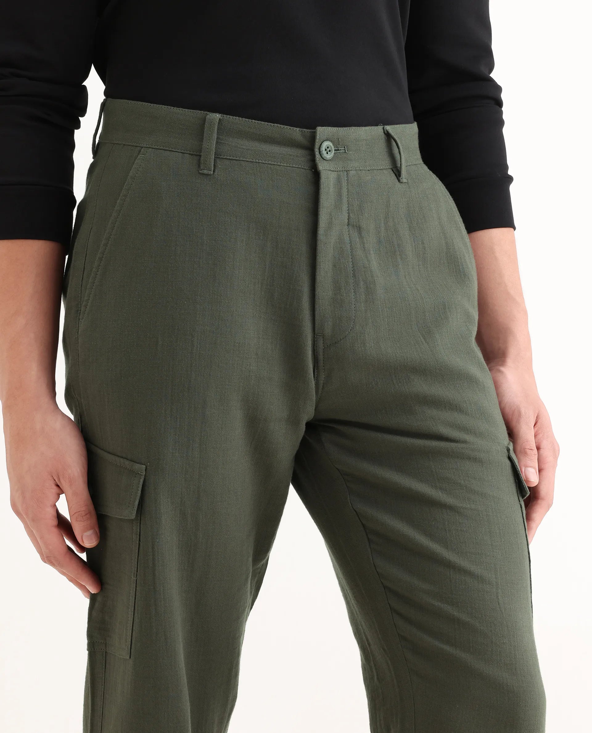 Rare Rabbit Men's Presso Dusky Green Cotton Plain Relaxed Fit Trouser