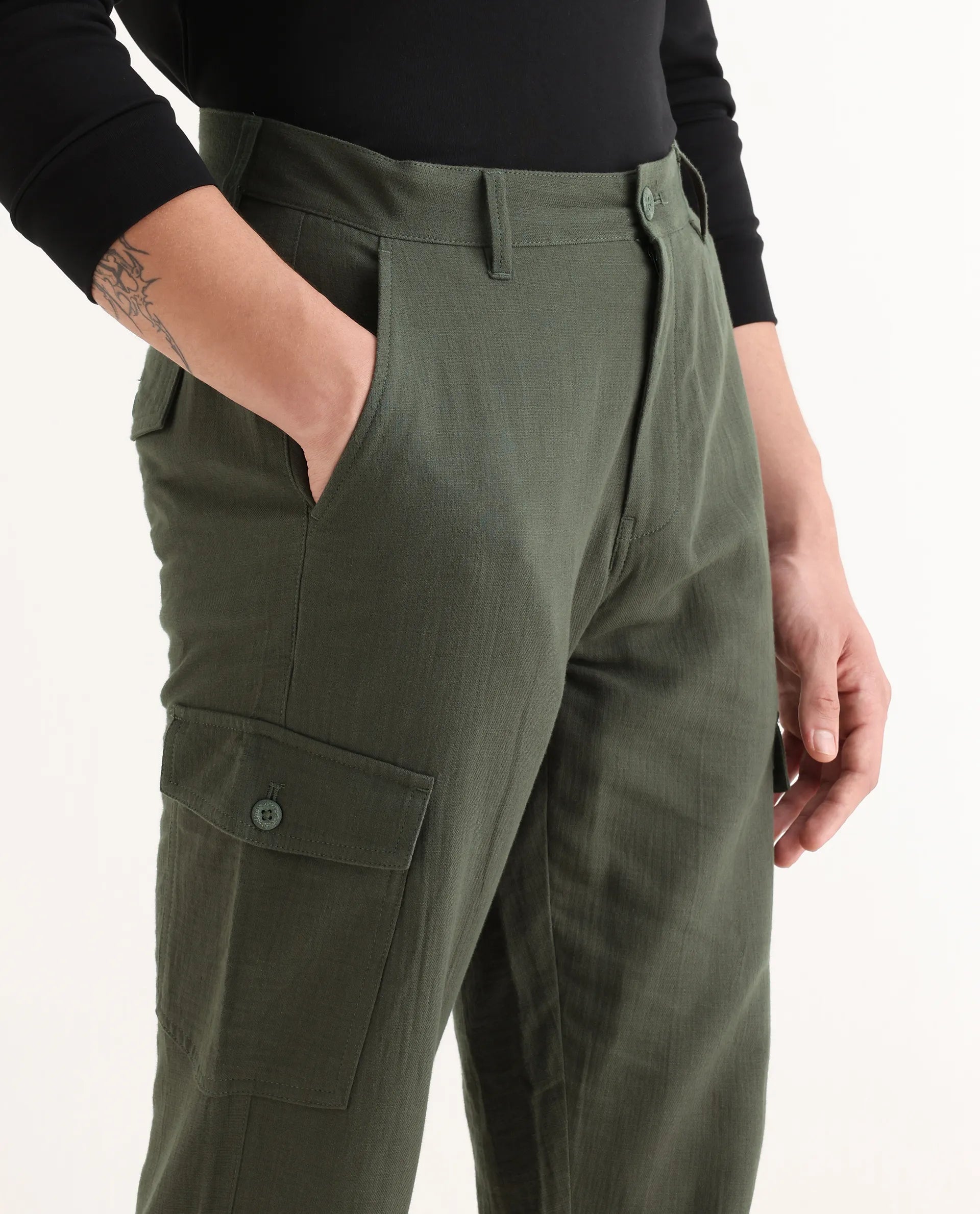 Rare Rabbit Men's Presso Dusky Green Cotton Plain Relaxed Fit Trouser