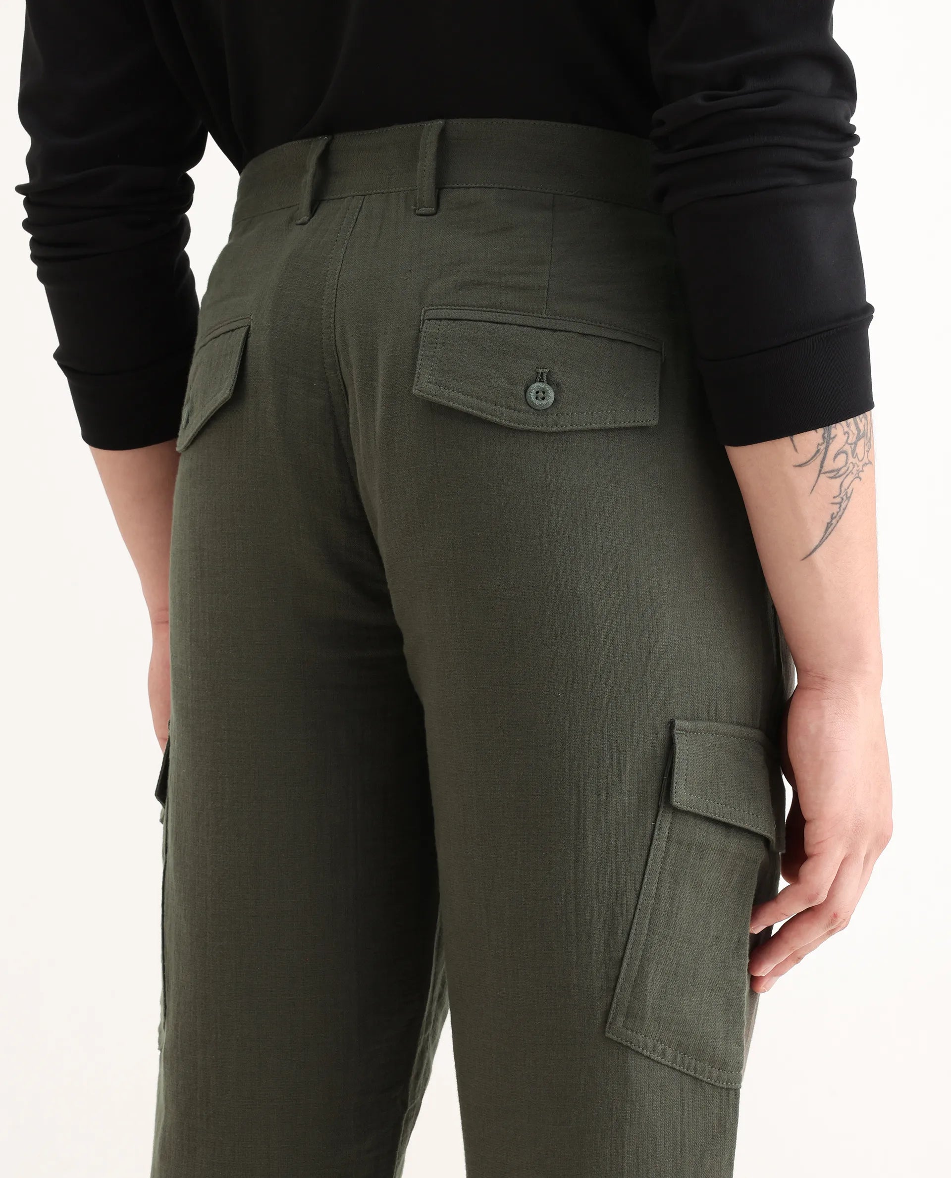 Rare Rabbit Men's Presso Dusky Green Cotton Plain Relaxed Fit Trouser