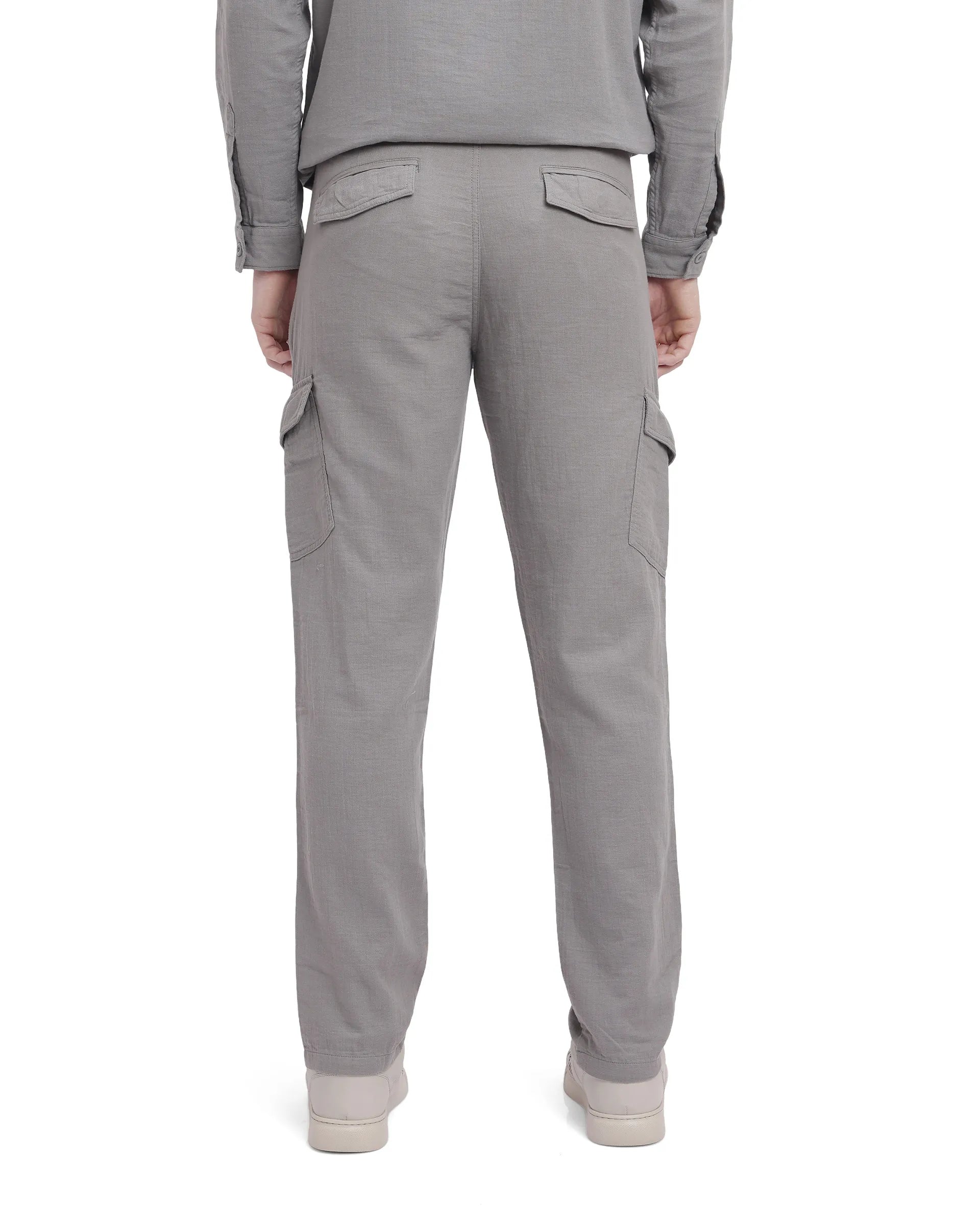 Rare Rabbit Men Presso Light Grey Double Layer Twill Mid Rise Cargo Style Plain Trouser