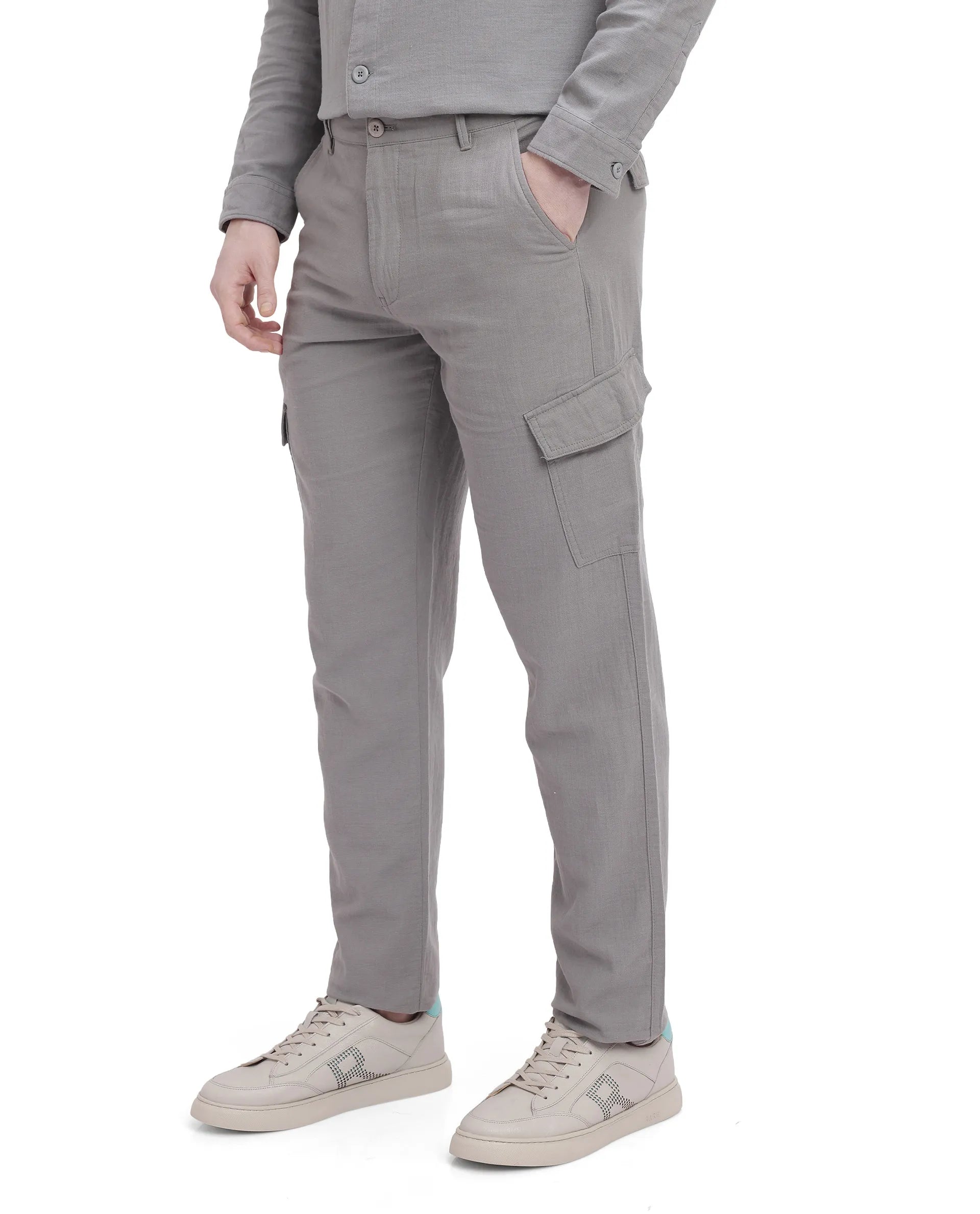 Rare Rabbit Men Presso Light Grey Double Layer Twill Mid Rise Cargo Style Plain Trouser