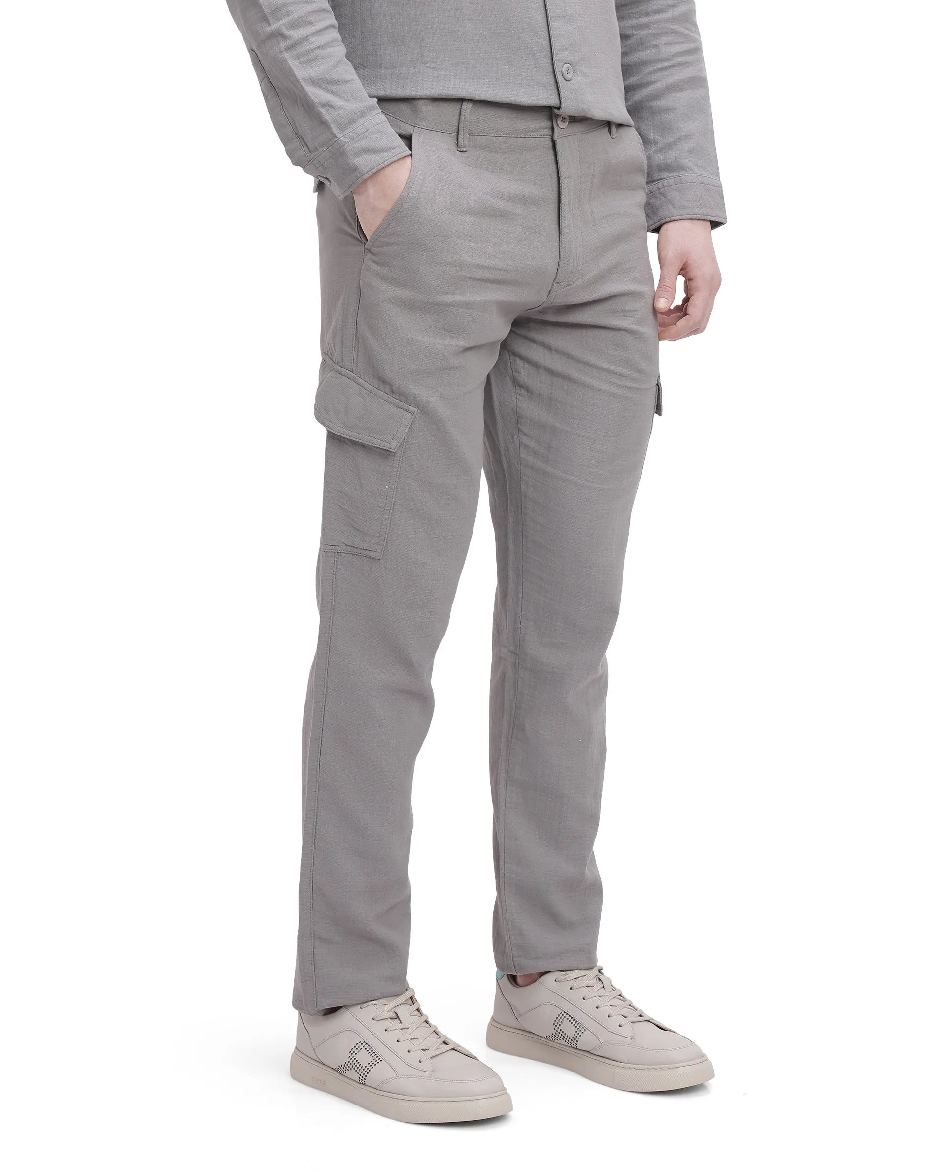 Rare Rabbit Men Presso Light Grey Double Layer Twill Mid Rise Cargo Style Plain Trouser