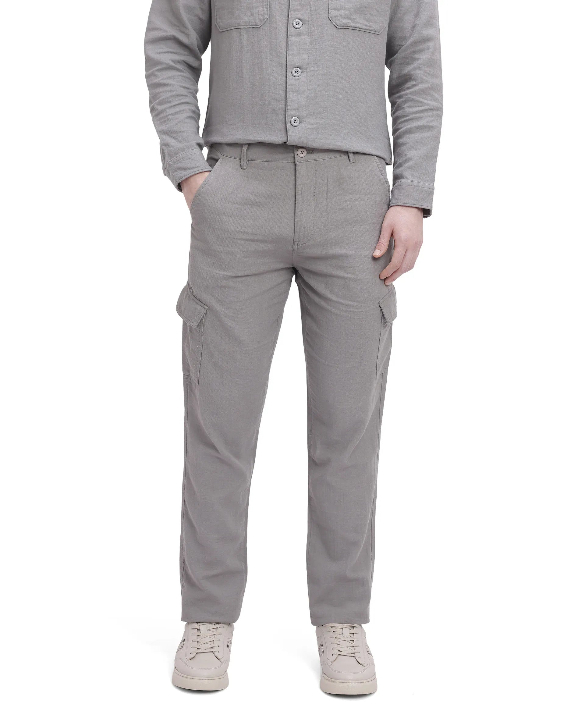 Rare Rabbit Men Presso Light Grey Double Layer Twill Mid Rise Cargo Style Plain Trouser