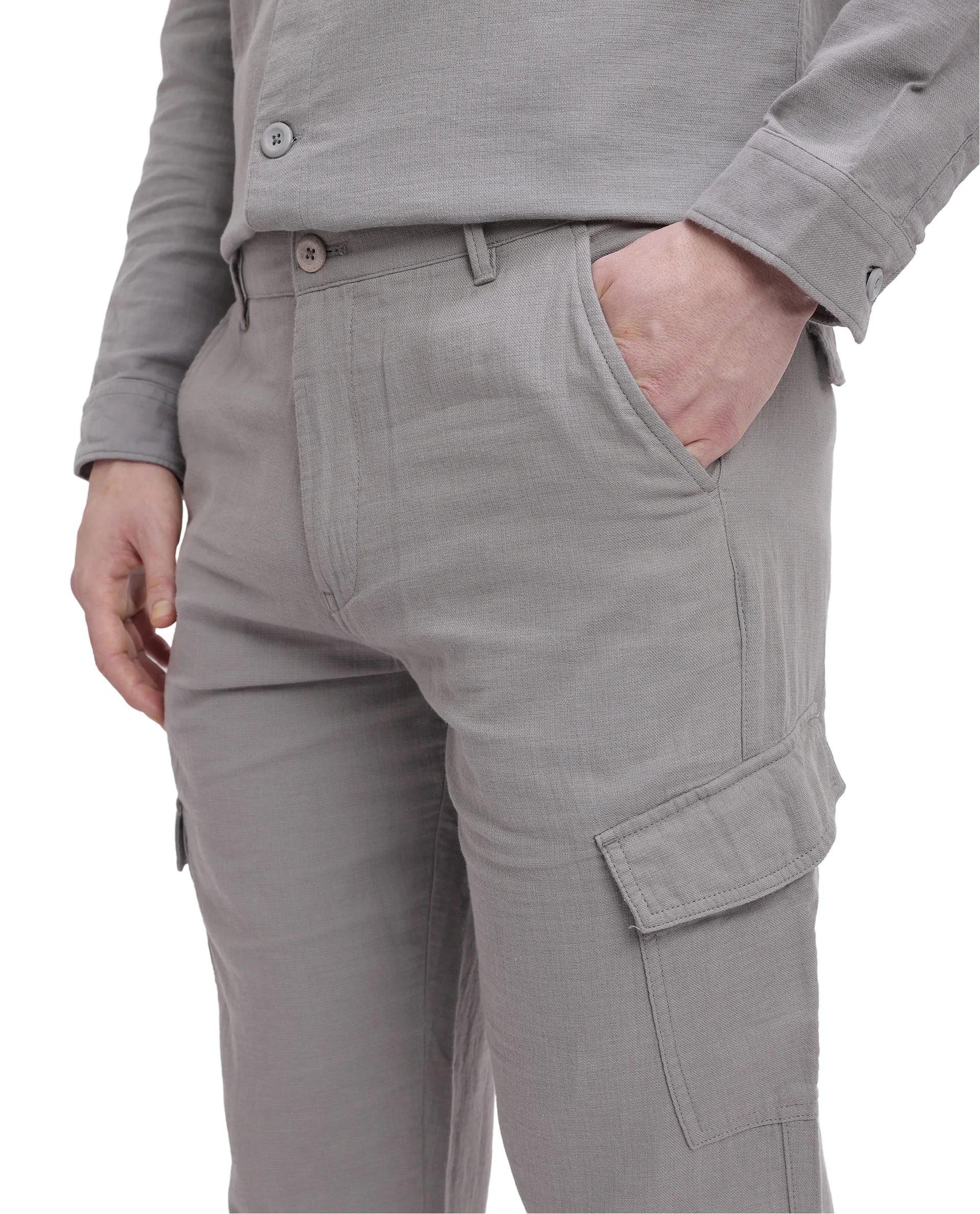 Rare Rabbit Men Presso Light Grey Double Layer Twill Mid Rise Cargo Style Plain Trouser
