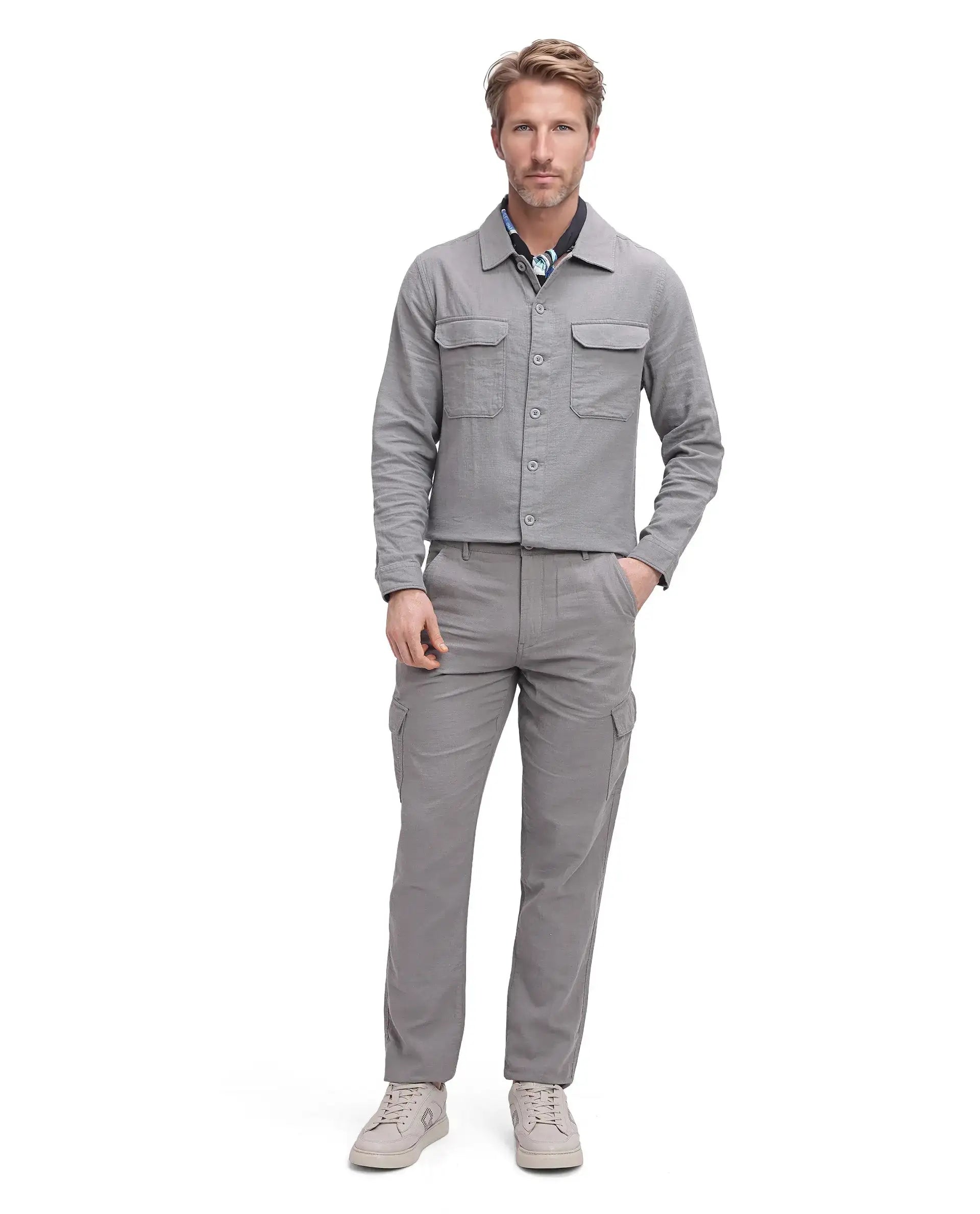 Rare Rabbit Men Presso Light Grey Double Layer Twill Mid Rise Cargo Style Plain Trouser