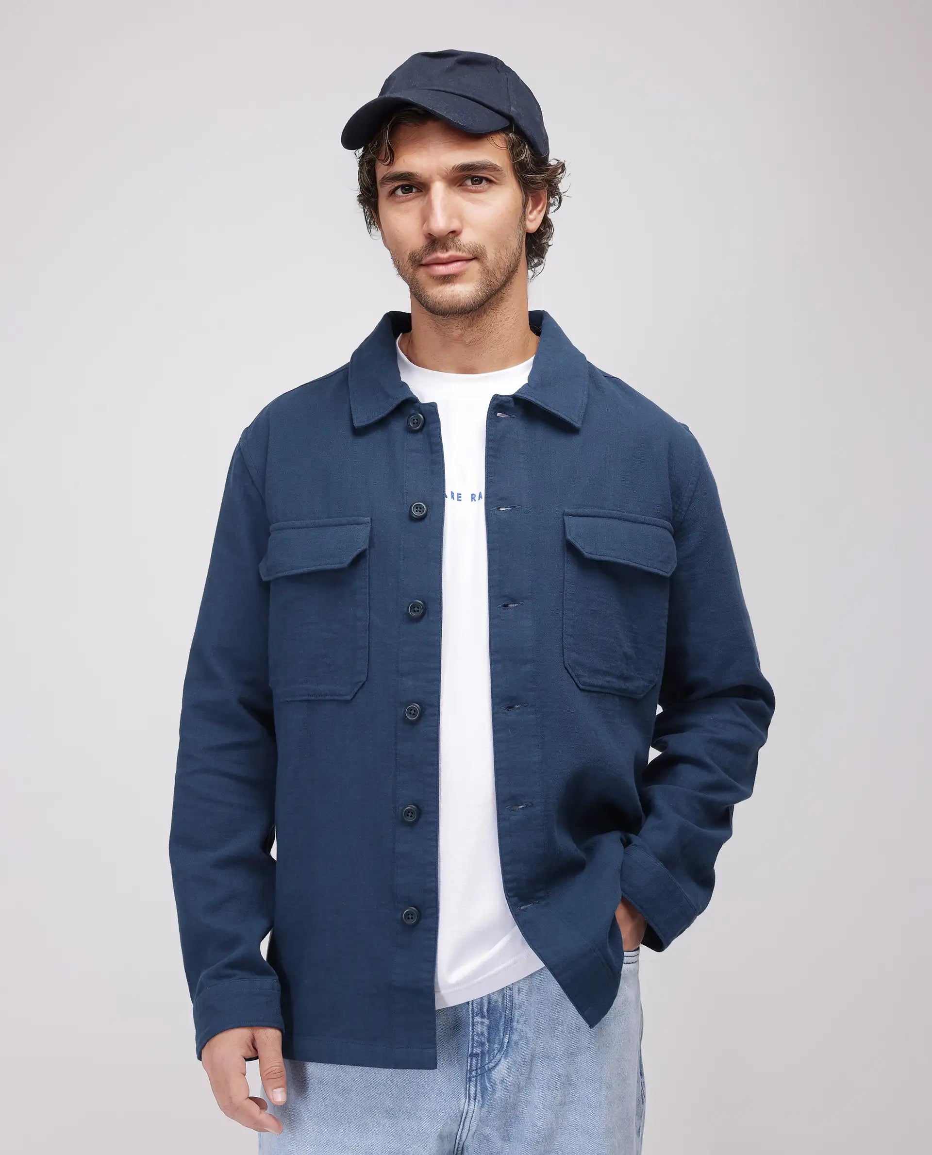 Rare Rabbit Men's Prest-25 Dusky Blue Cotton Fabric Full Sleeve Spread Collar Plain Shacket