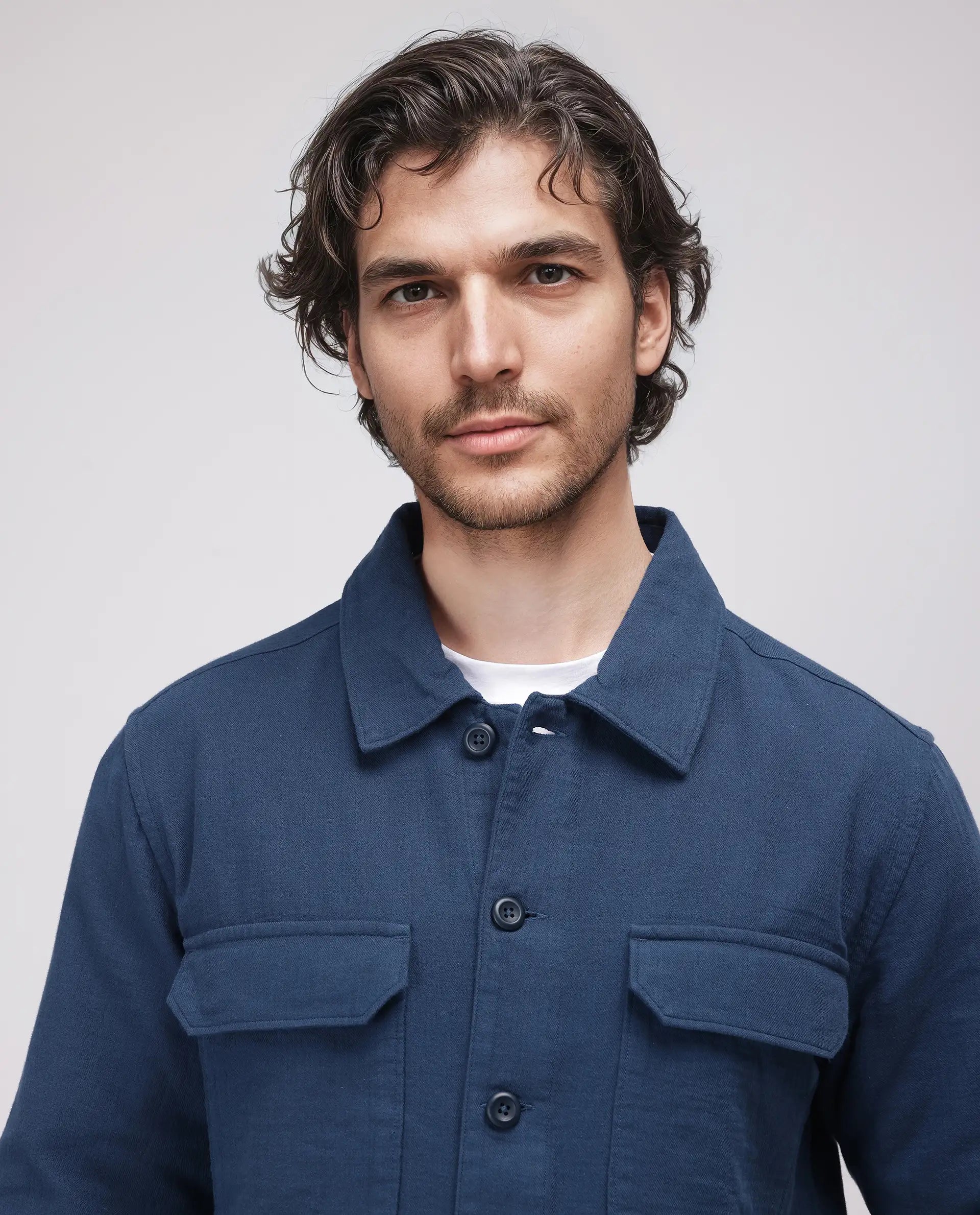 Rare Rabbit Men's Prest-25 Dusky Blue Cotton Fabric Full Sleeve Spread Collar Plain Shacket