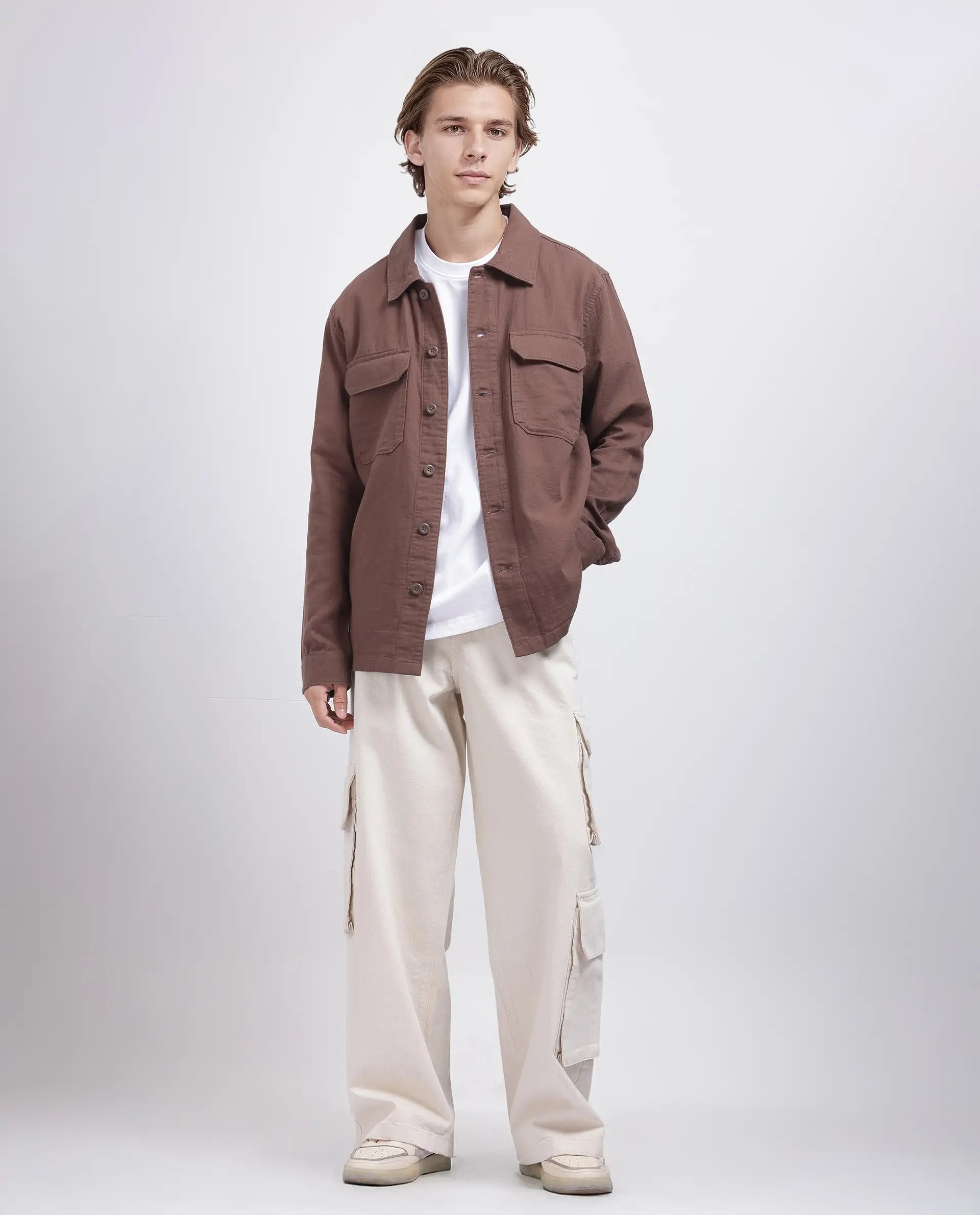 Rare Rabbit Men's Prest-25 Dusky Brown Cotton Fabric Full Sleeve Spread Collar Plain Shacket