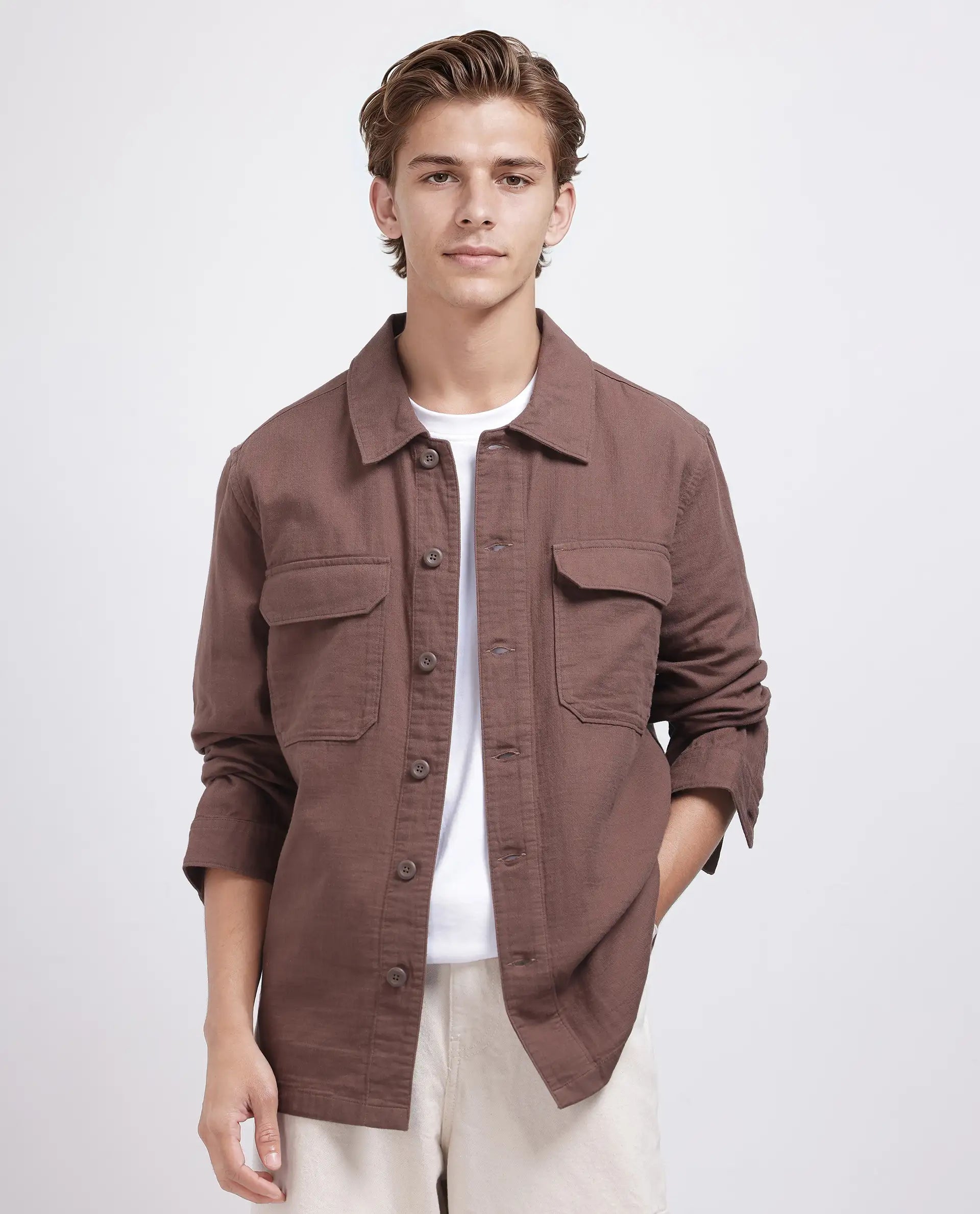 Rare Rabbit Men's Prest-25 Dusky Brown Cotton Fabric Full Sleeve Spread Collar Plain Shacket