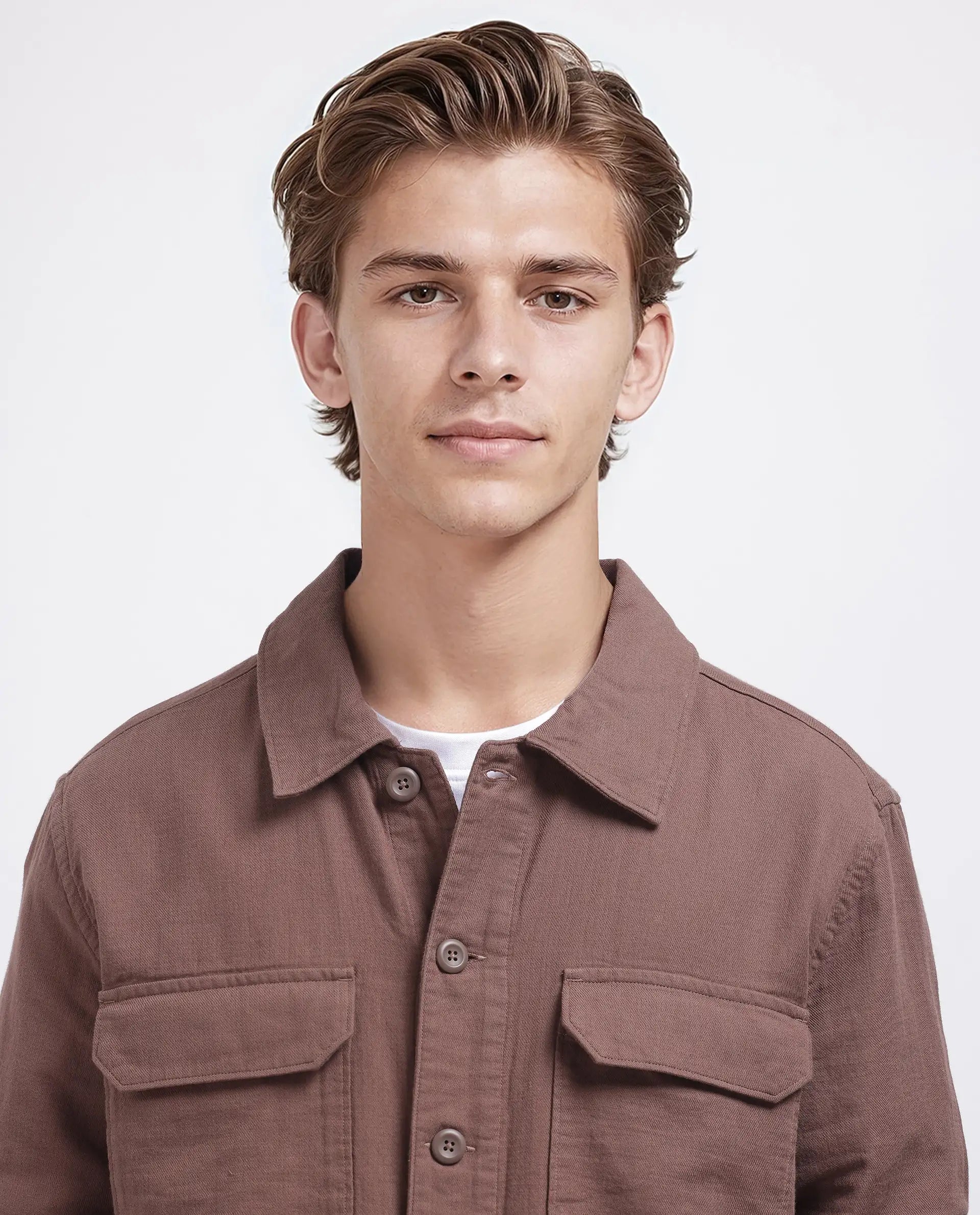 Rare Rabbit Men's Prest-25 Dusky Brown Cotton Fabric Full Sleeve Spread Collar Plain Shacket