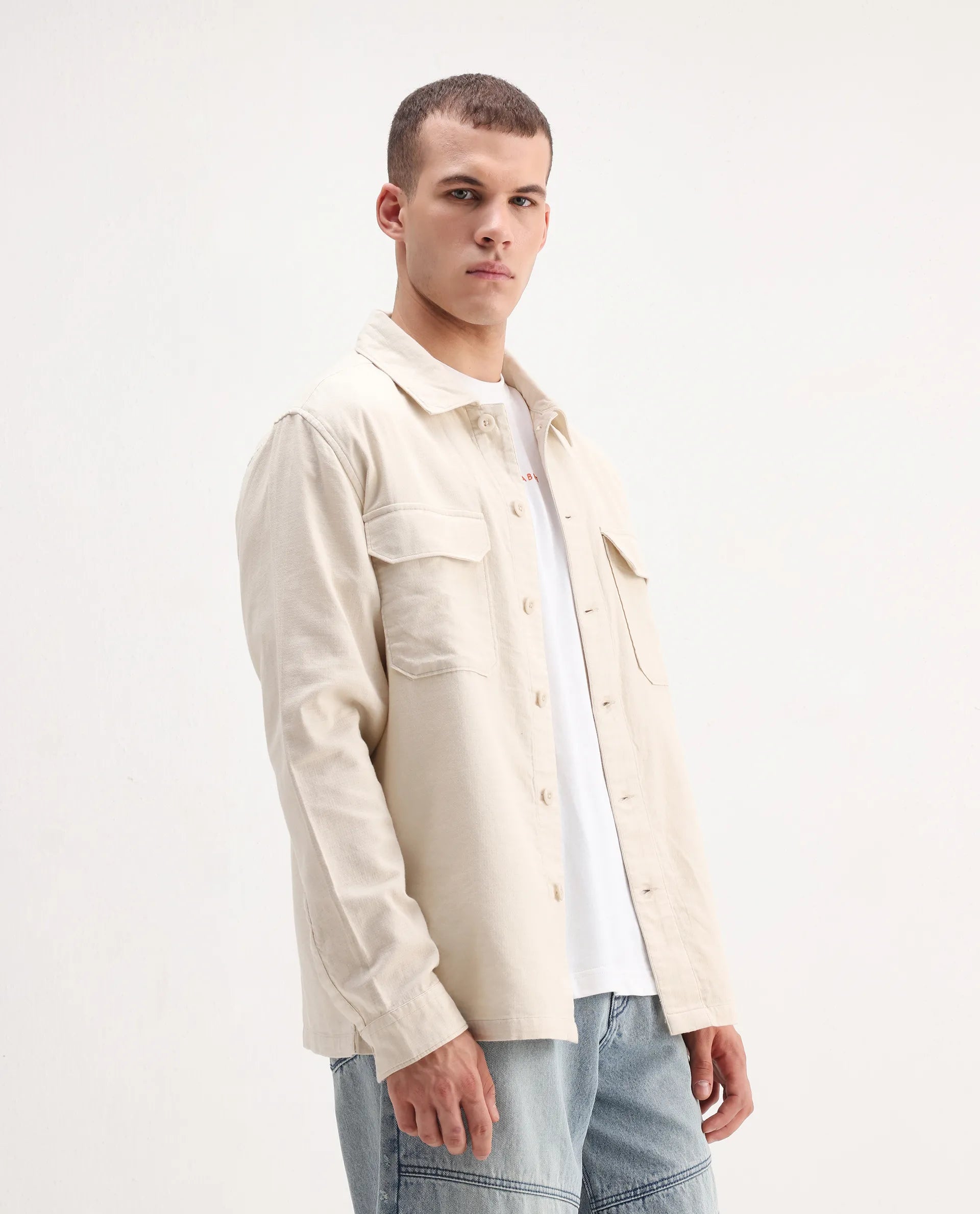 Rare Rabbit Men's Prest-26 Off White Cotton Plain Regular Fit Full Sleeve Collared Shaket