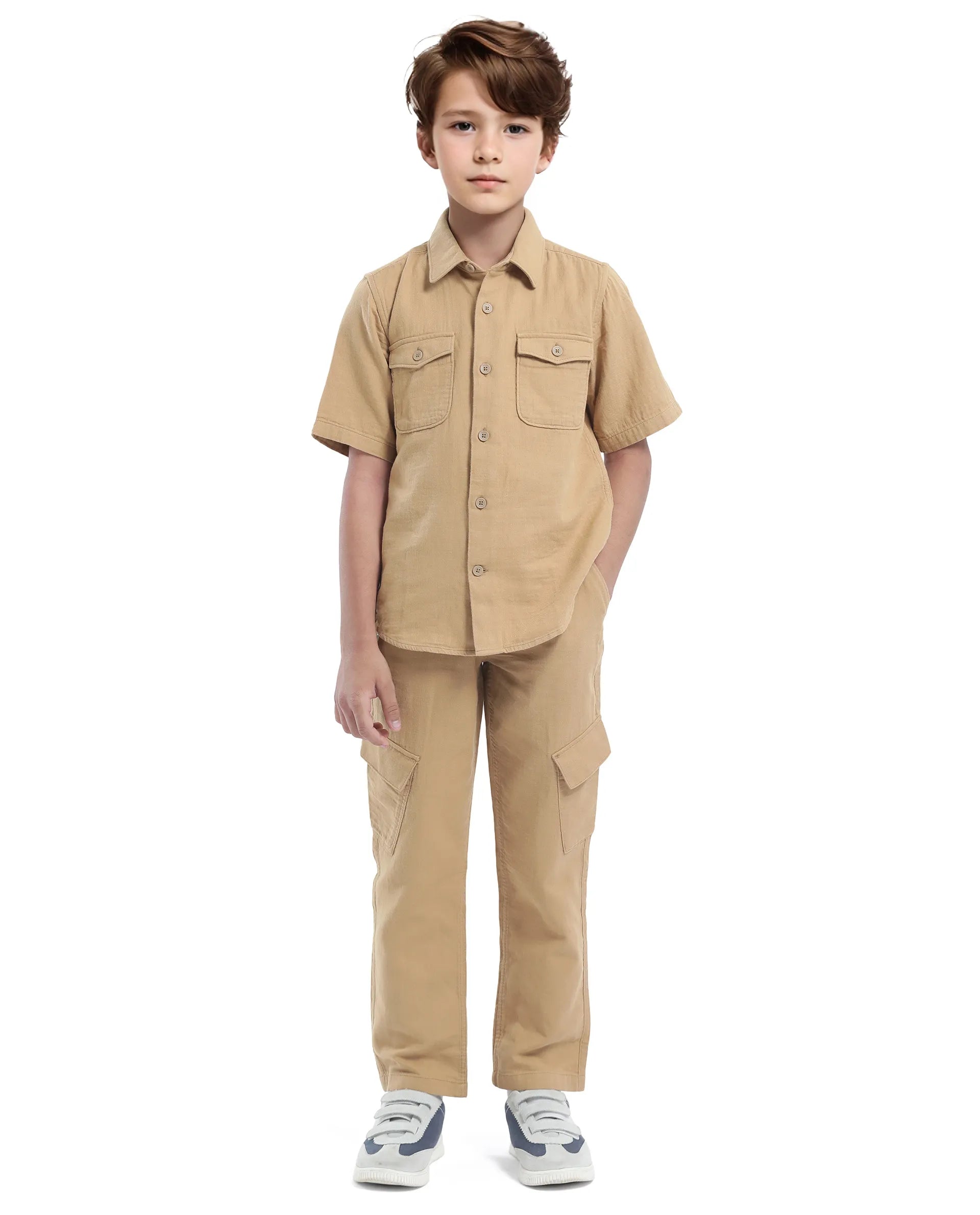 Rare Ones Kids Prest-K Tan Cotton Short Sleeve Button Closure Solid Regular Fit Shirt