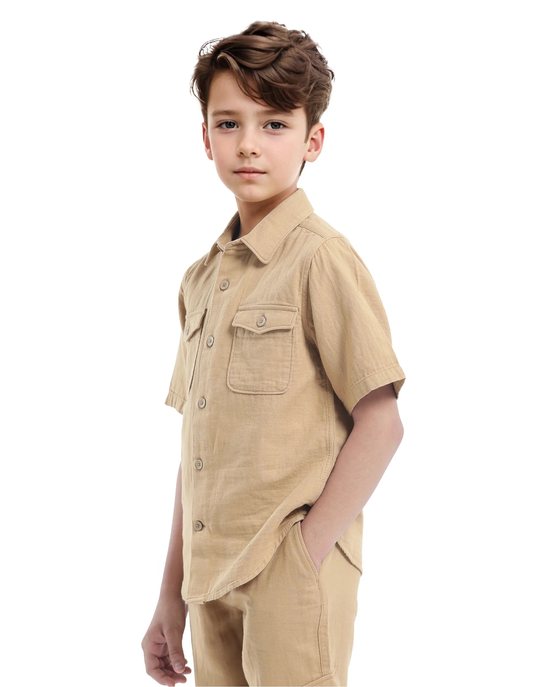 Rare Ones Kids Prest-K Tan Cotton Short Sleeve Button Closure Solid Regular Fit Shirt