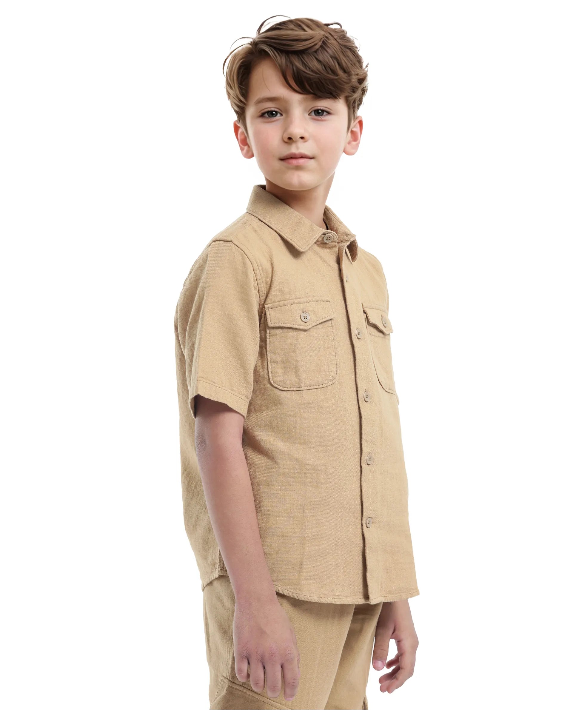 Rare Ones Kids Prest-K Tan Cotton Short Sleeve Button Closure Solid Regular Fit Shirt