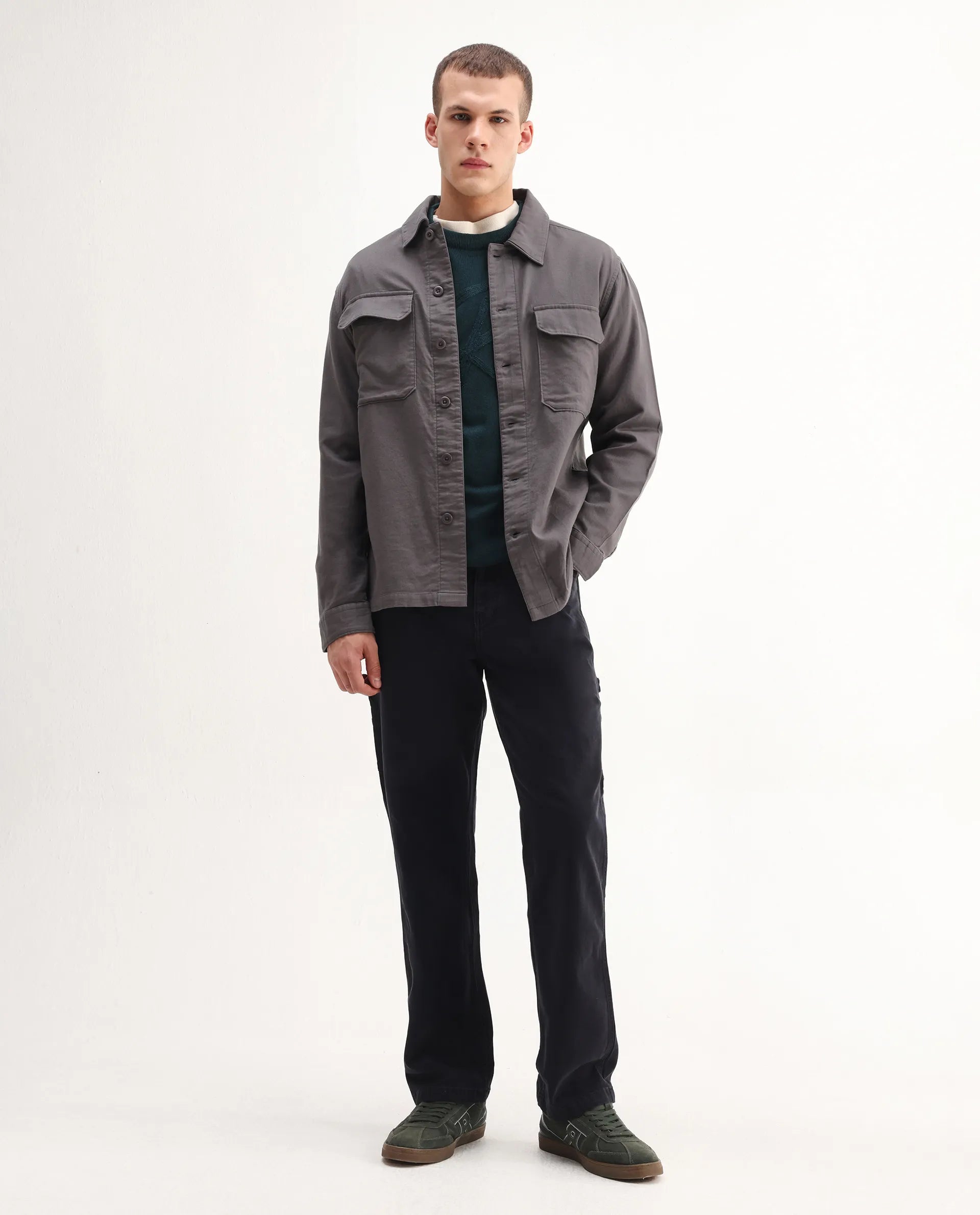 Rare Rabbit Men's Prest-26 Grey Cotton Plain Regular Fit Full Sleeve Collared Shaket