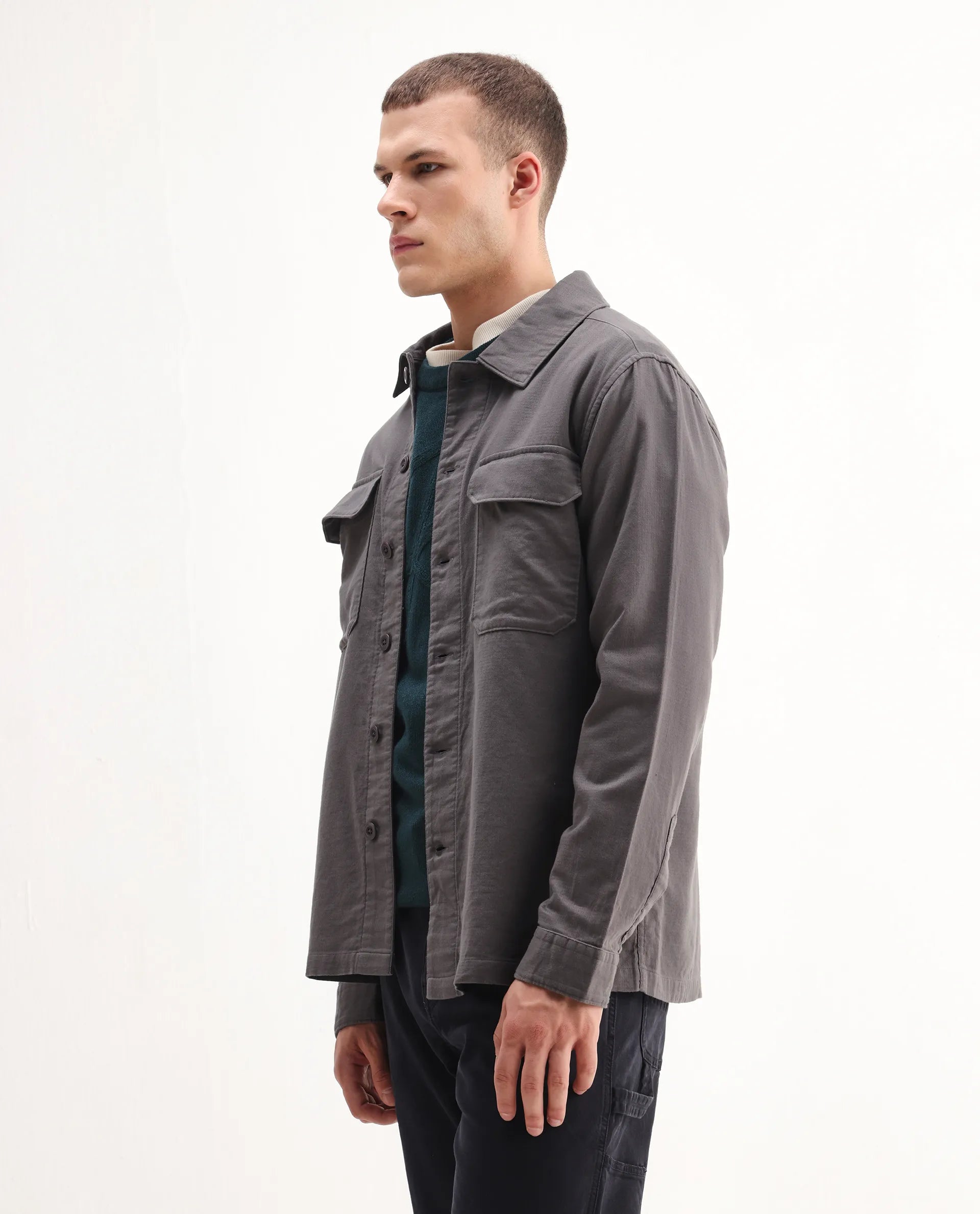 Rare Rabbit Men's Prest-26 Grey Cotton Plain Regular Fit Full Sleeve Collared Shaket