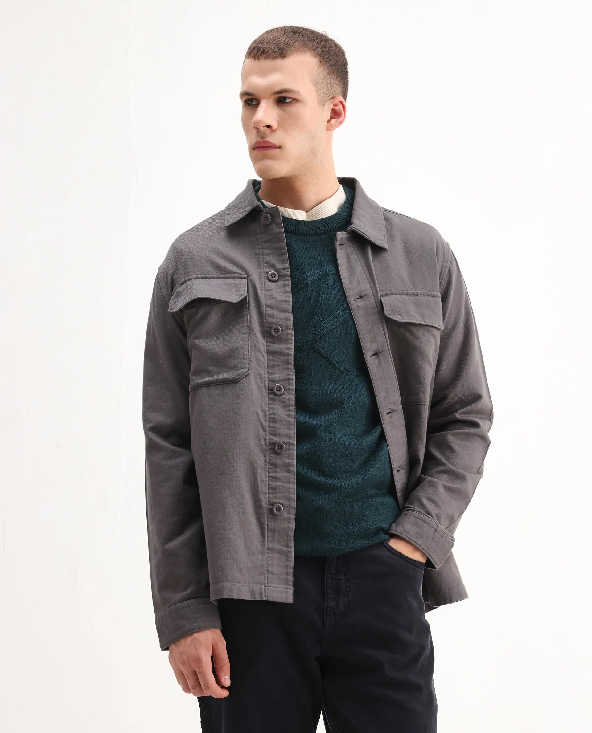 Rare Rabbit Men's Prest-26 Grey Cotton Plain Regular Fit Full Sleeve Collared Shaket