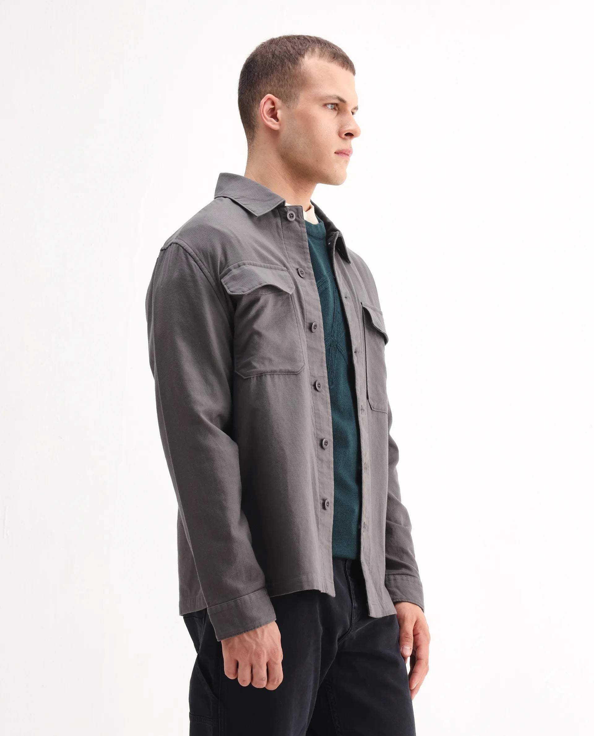 Rare Rabbit Men's Prest-26 Grey Cotton Plain Regular Fit Full Sleeve Collared Shaket