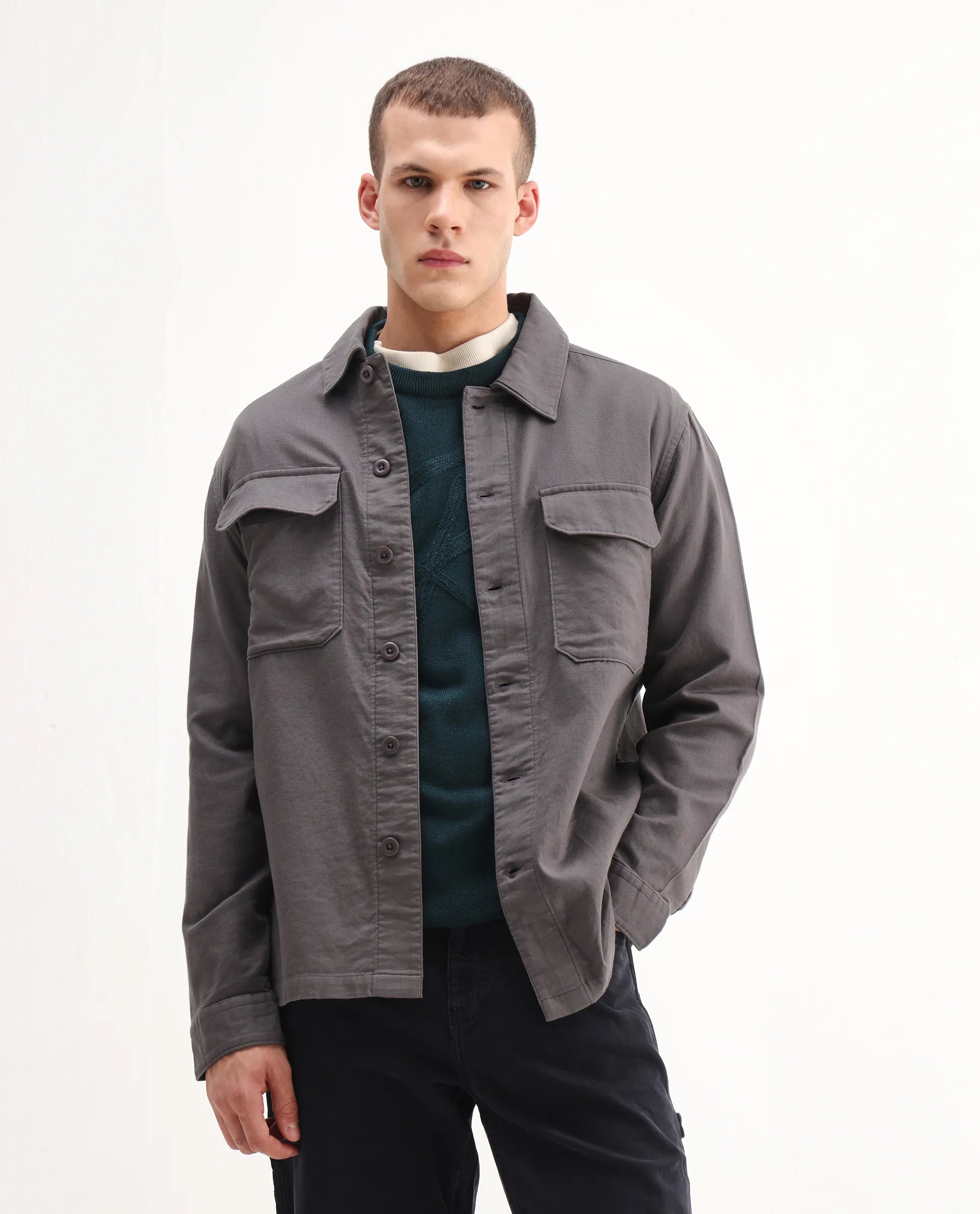 Rare Rabbit Men's Prest-26 Grey Cotton Plain Regular Fit Full Sleeve Collared Shaket