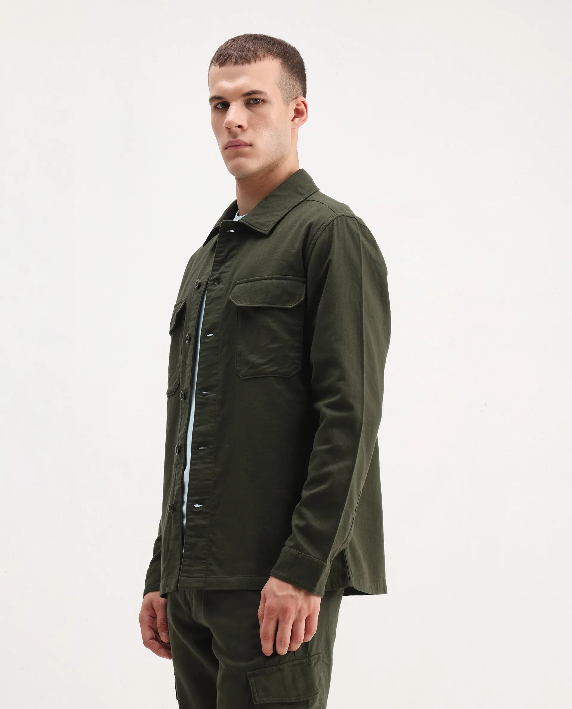 Rare Rabbit Men's Prest-26 Olive Cotton Plain Regular Fit Full Sleeve Collared Shaket