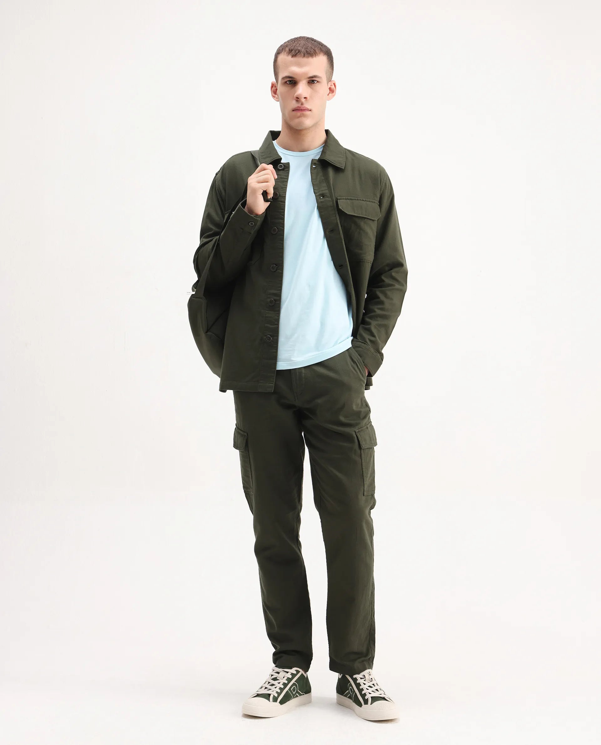 Rare Rabbit Men's Prest-26 Olive Cotton Plain Regular Fit Full Sleeve Collared Shaket