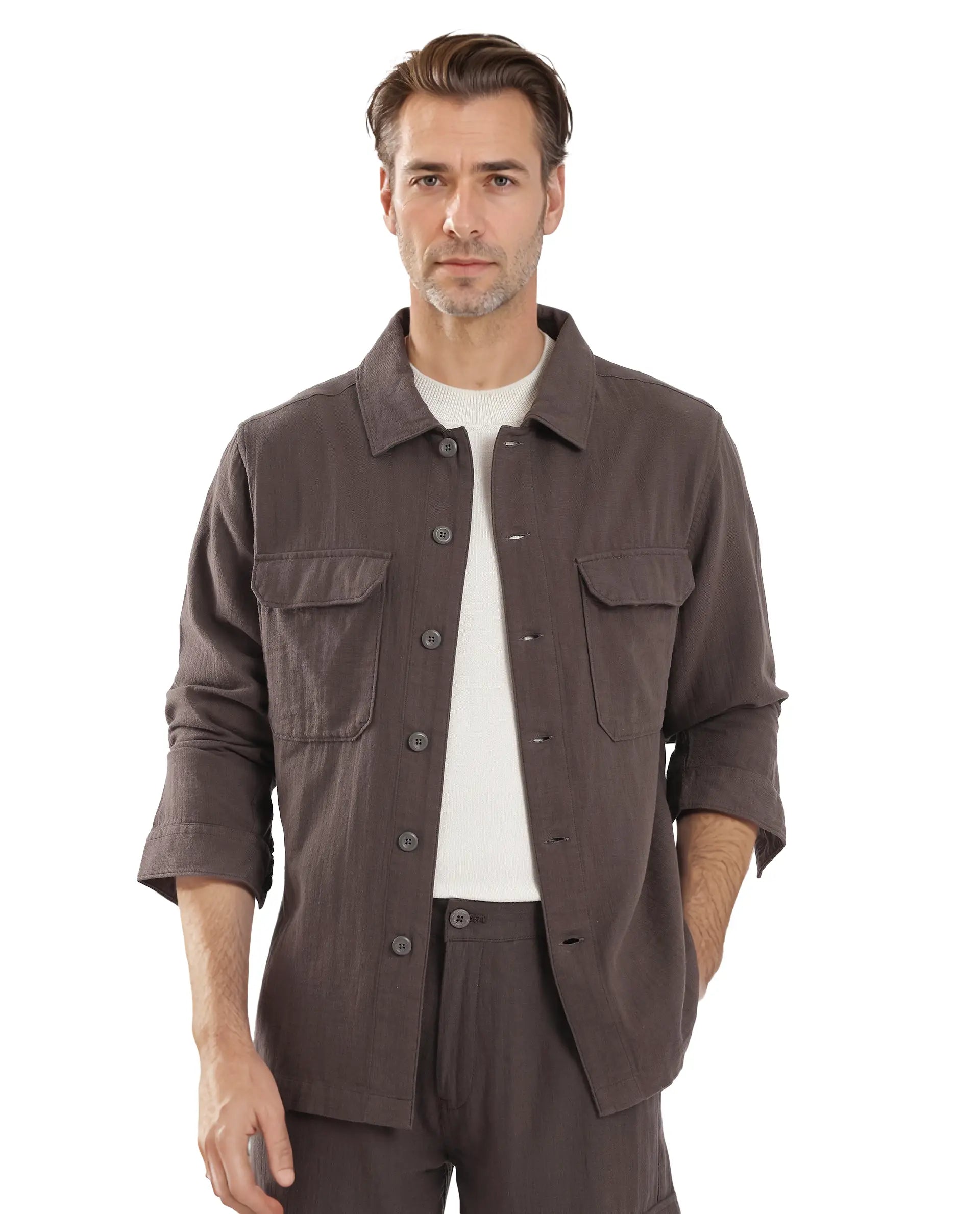 Rare Rabbit Men Prest Dusky Brown Knitted Jacquard Fabric Two Front Flap Pocket Full Sleeve Regular Fit Shirt