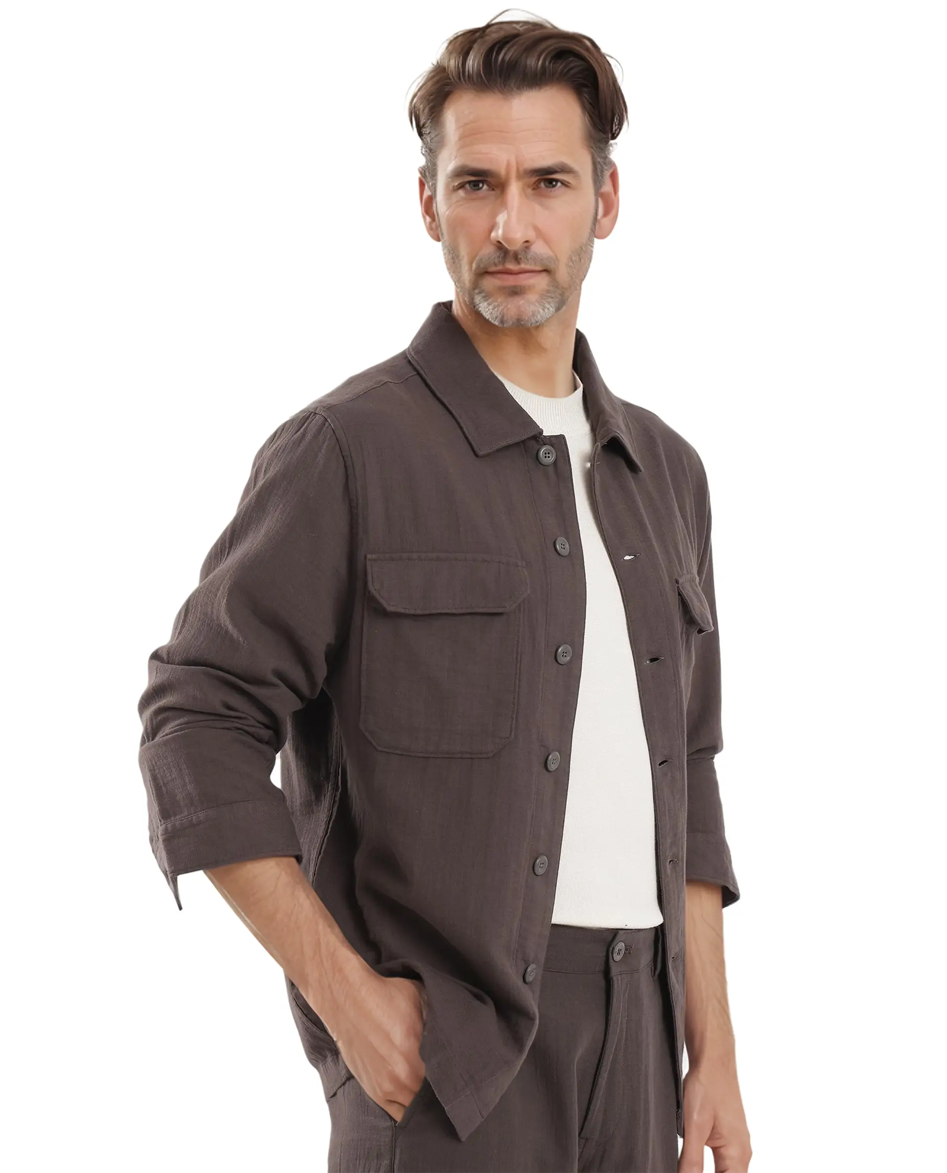 Rare Rabbit Men Prest Dusky Brown Knitted Jacquard Fabric Two Front Flap Pocket Full Sleeve Regular Fit Shirt