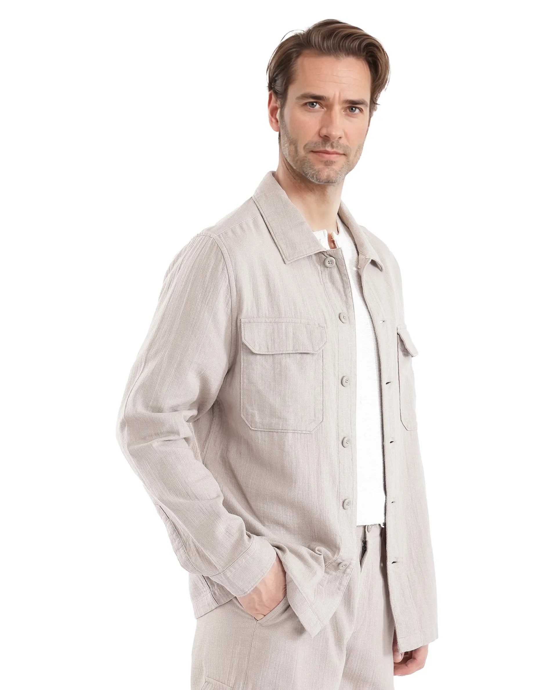 Rare Rabbit Men Prest Light Beige Knitted Jacquard Fabric Two Front Flap Pocket Full Sleeve Regular Fit Shirt