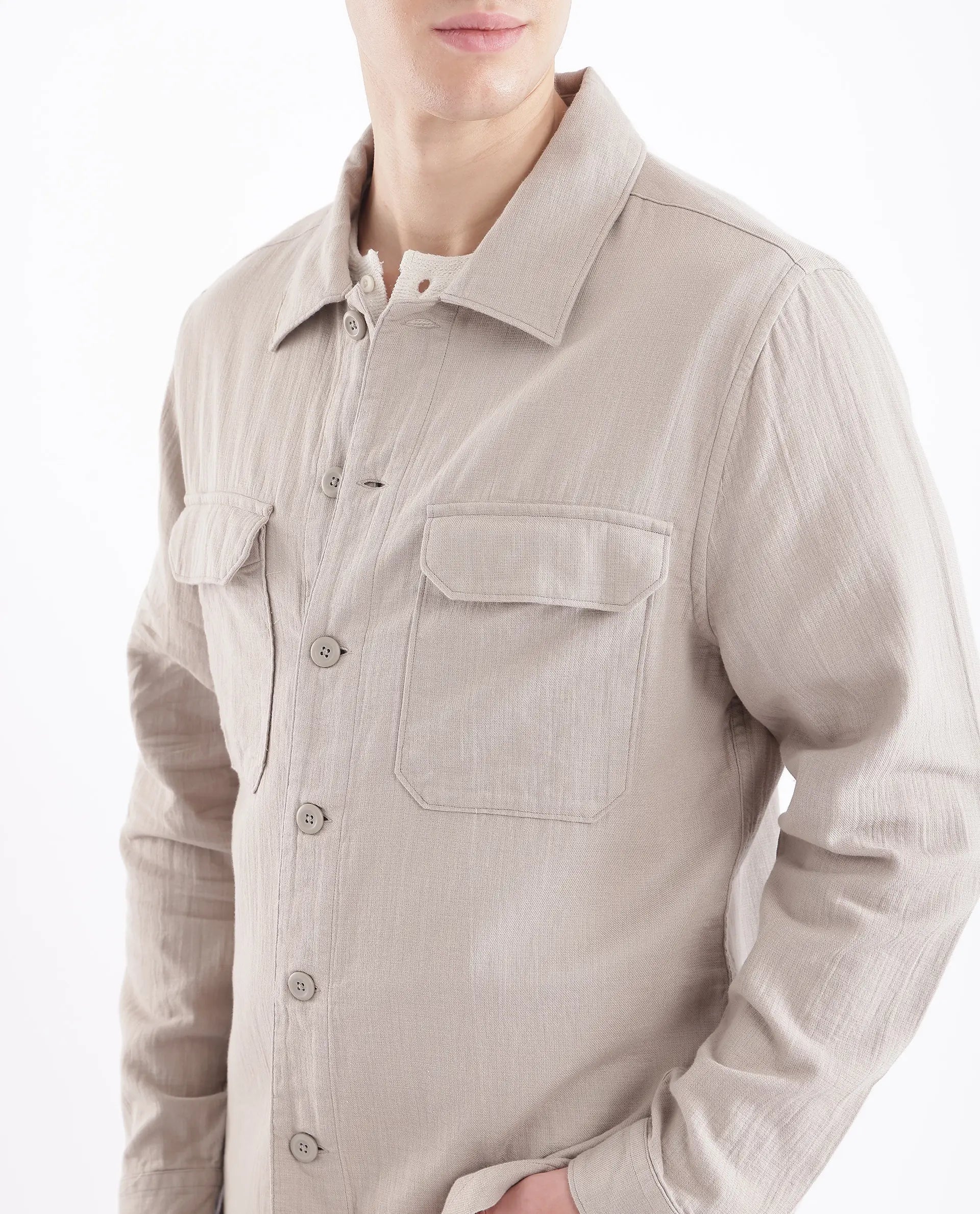 Rare Rabbit Men Prest Light Beige Knitted Jacquard Fabric Two Front Flap Pocket Full Sleeve Regular Fit Shirt